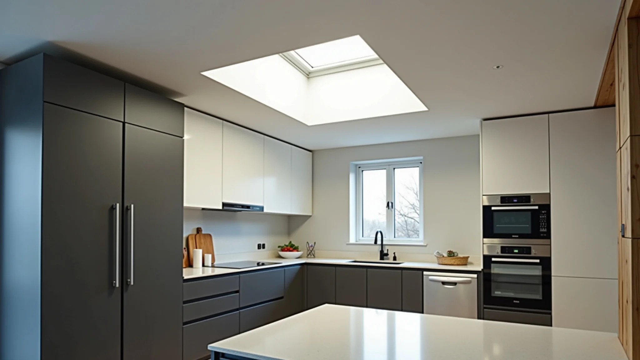 Cozinha moderna iluminada por plafon de sobrepor LED, iluminação branca e design clean.