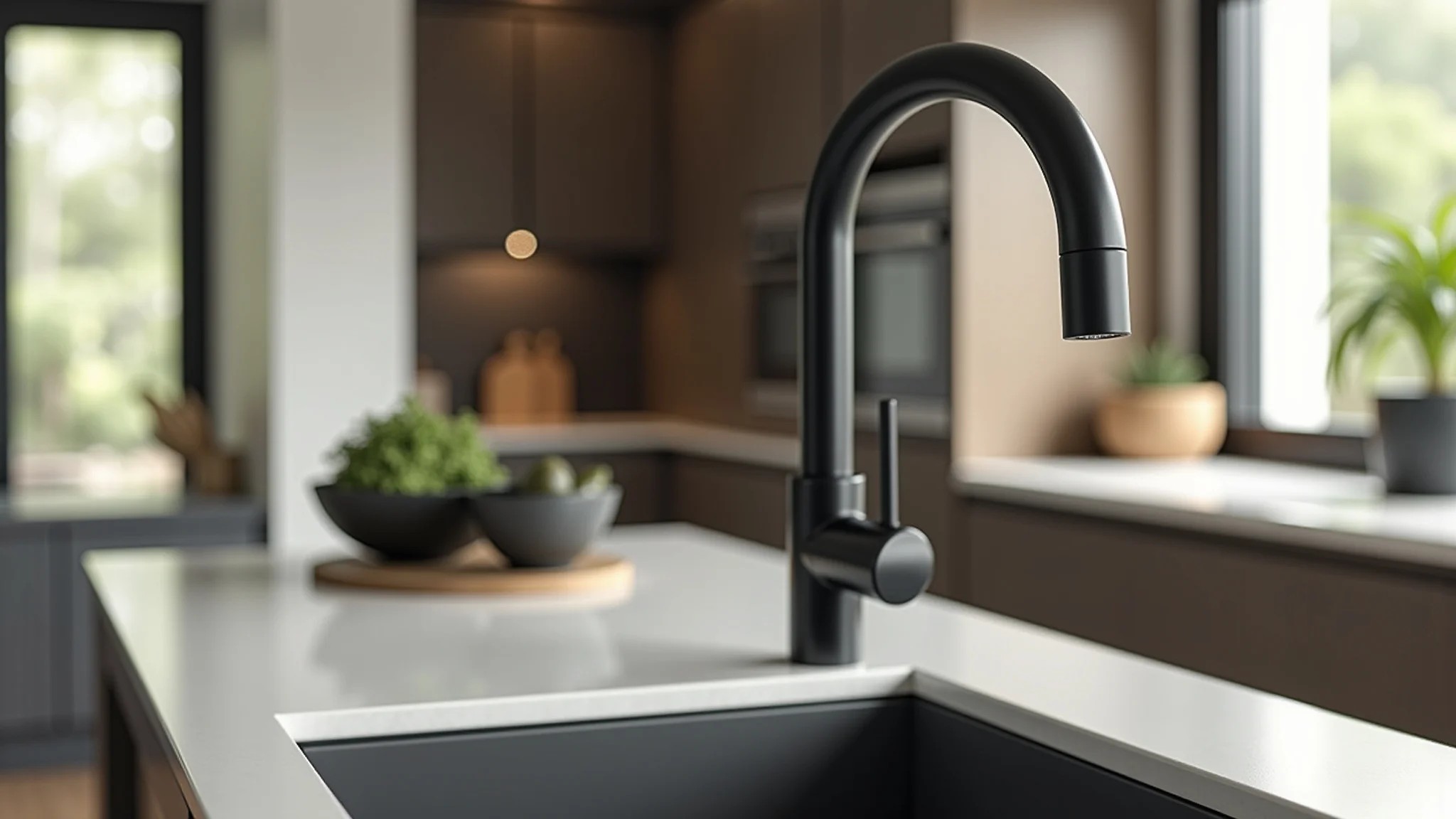 Cozinha moderna com torneira gourmet preta fosca e fundo desfocado, design brasileiro.