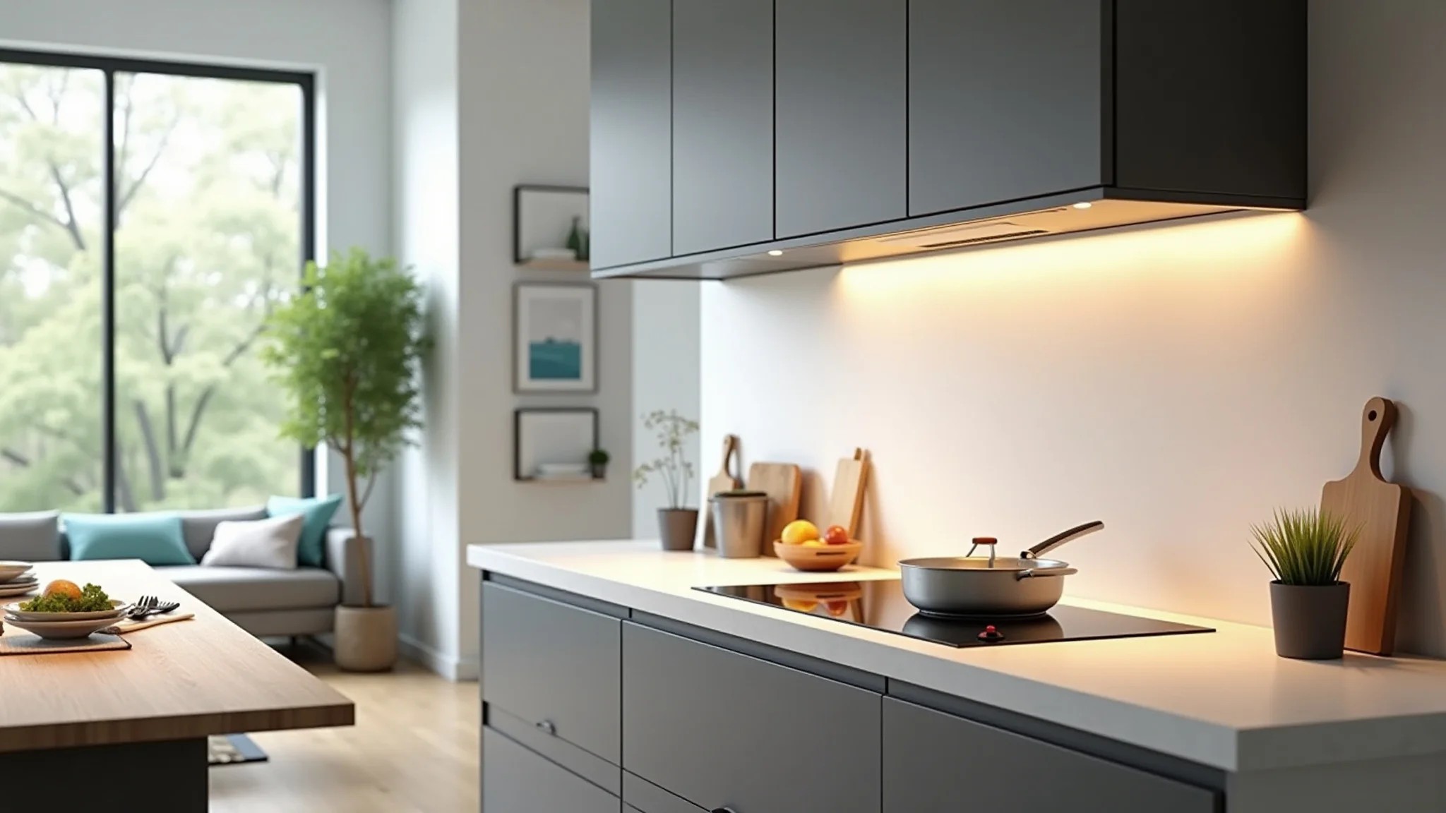 Cozinha moderna com coifa de parede e cooktop.