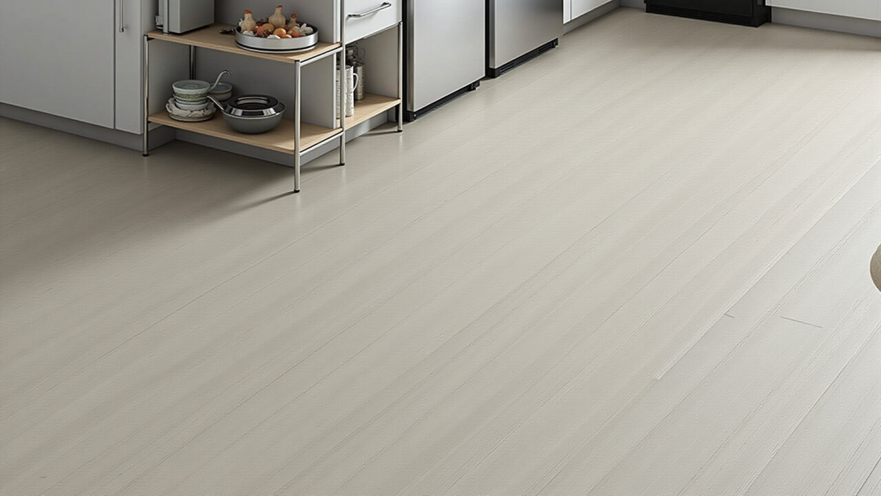 Cozinha moderna com porcelanato estilo cimento queimado e detalhes em metal.