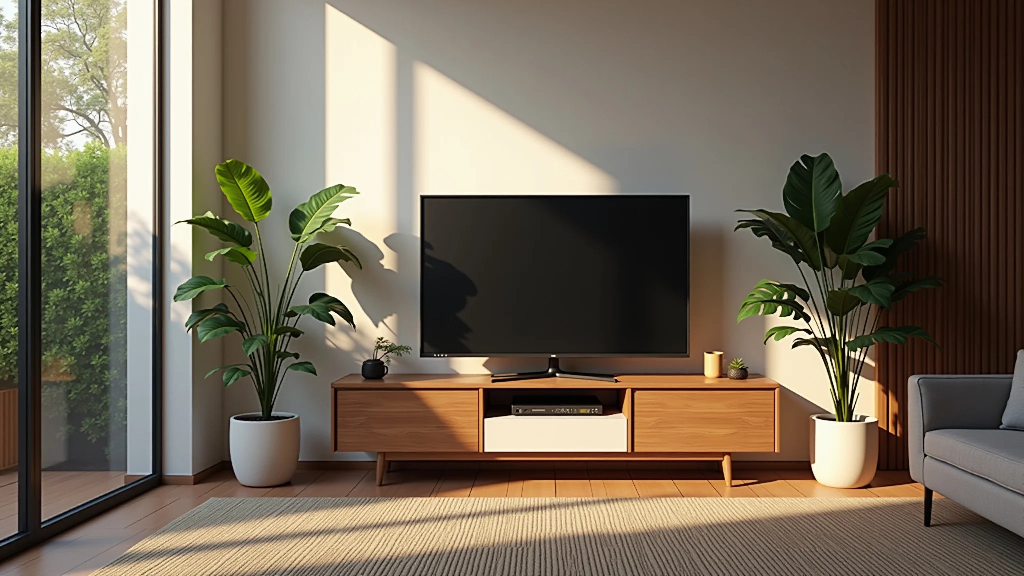 Sala de estar moderna com TV em rack estiloso, iluminação natural e plantas.