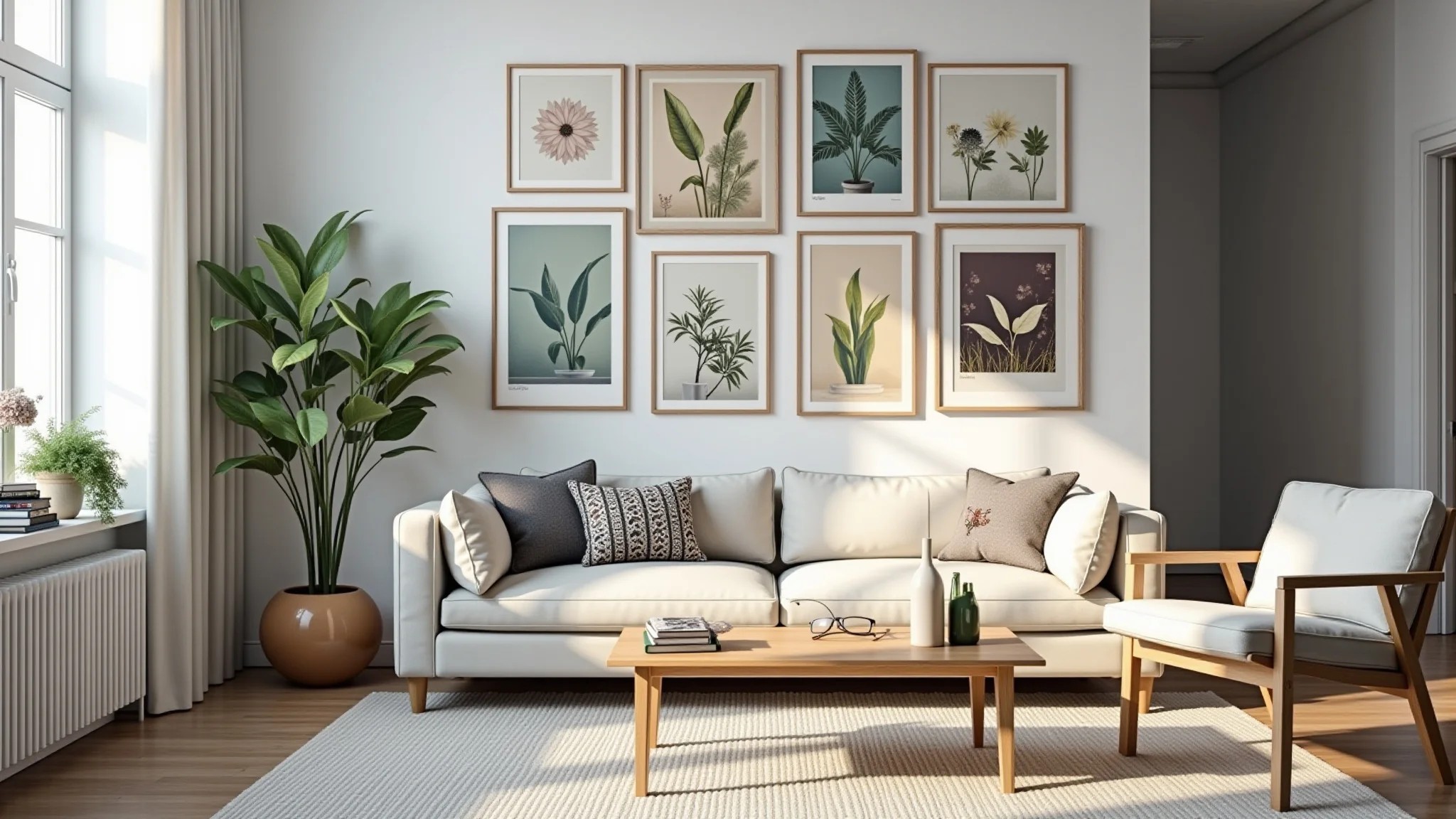 Sala moderna com parede de galeria com diversos quadros.
