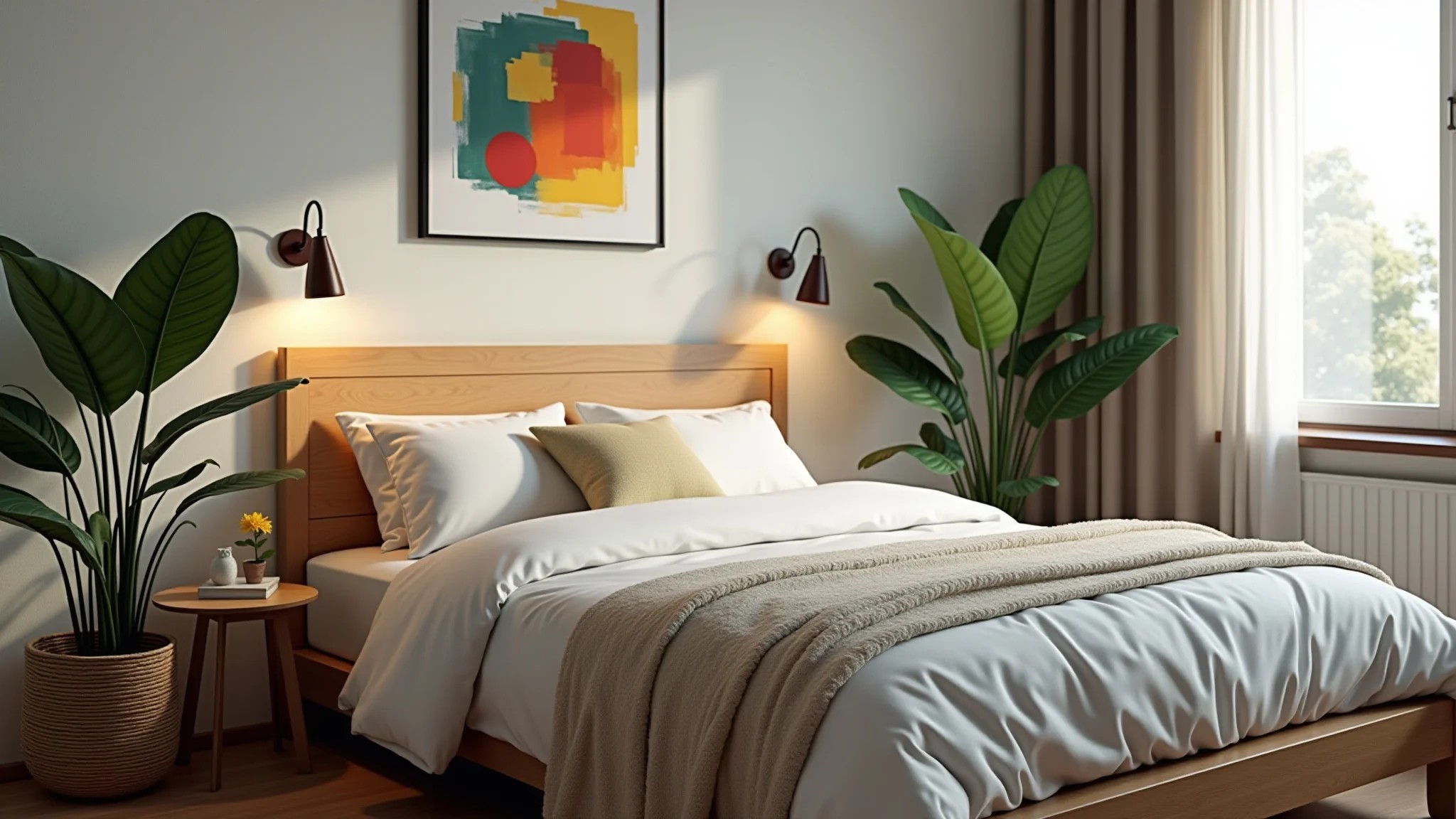 Quarto de solteiro moderno com cabeceira de madeira, plantas e decoração brasileira vibrante.
