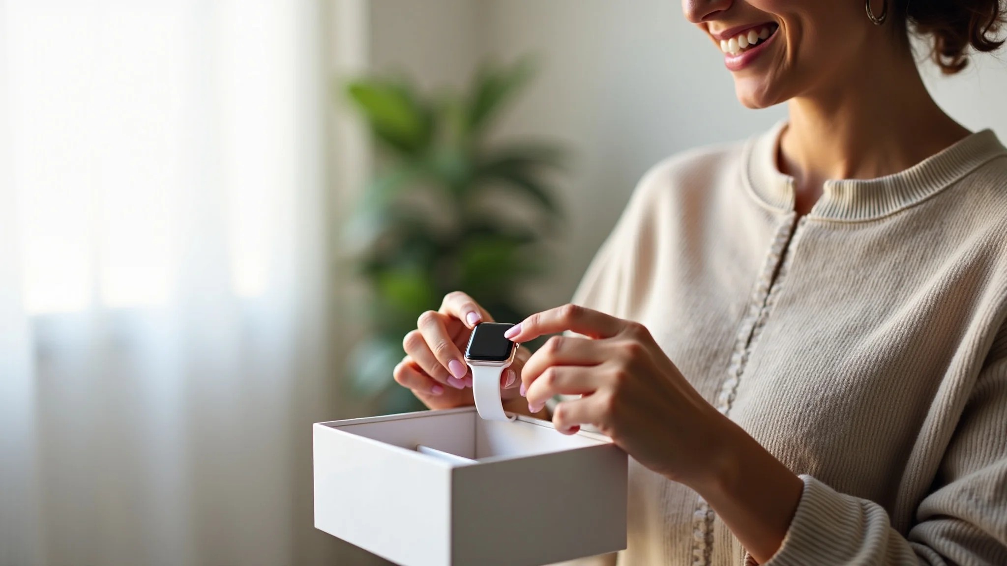 Mulher moderna abrindo smartwatch de presente de aniversário.
