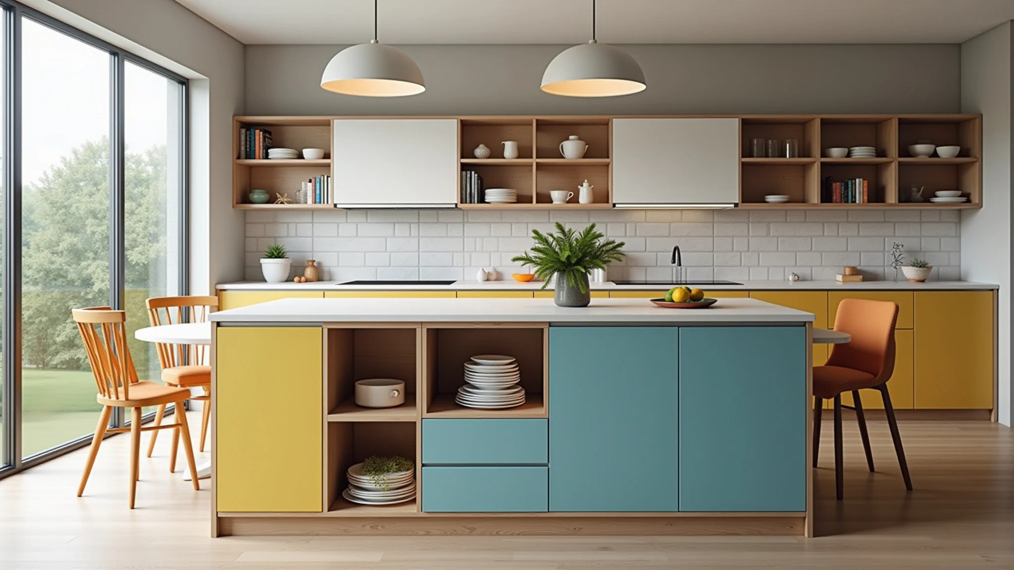 Ilha multifuncional com armários e nichos decorativos em cozinha vibrante.