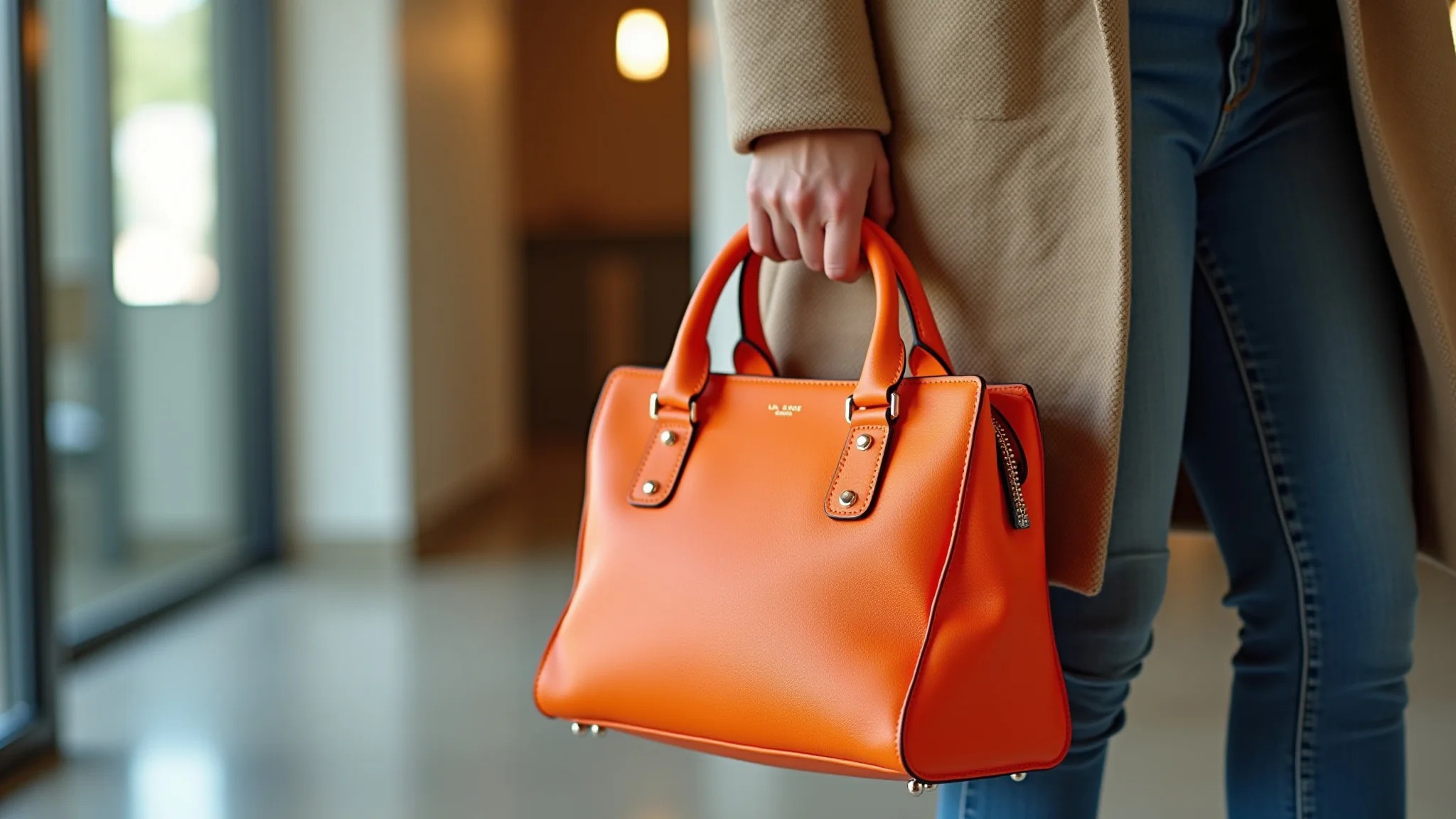 Bolsa laranja neon combinada com roupas de cores neutras, acessório fashion e equilibrado.