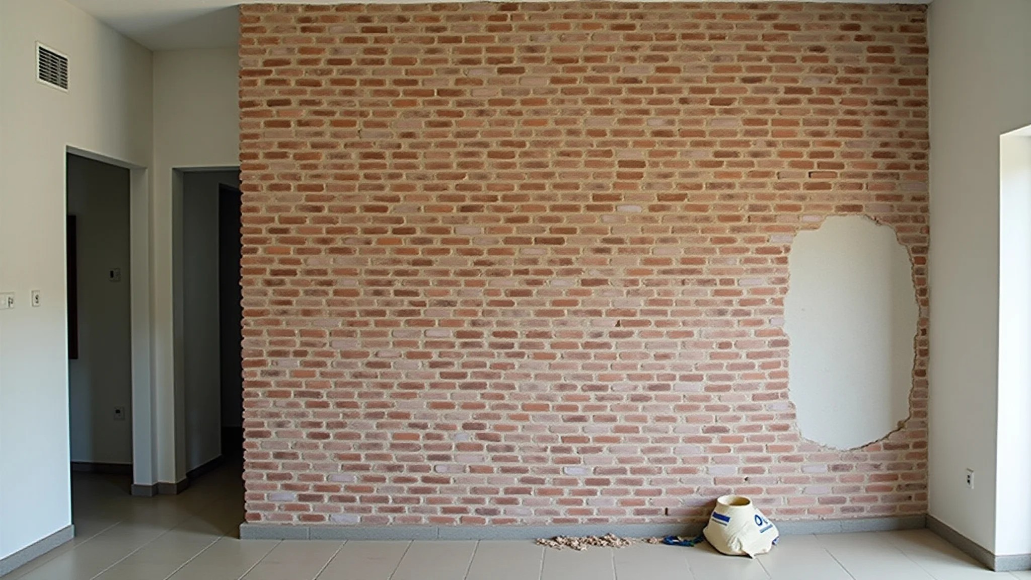 Parede de tijolos parcialmente construída em cozinha moderna brasileira, mostrando o processo.