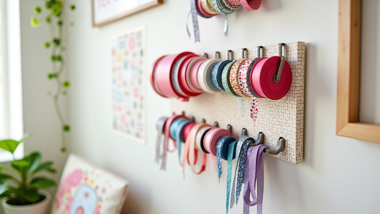 Organizador de fitas em painel perfurado (pegboard).
