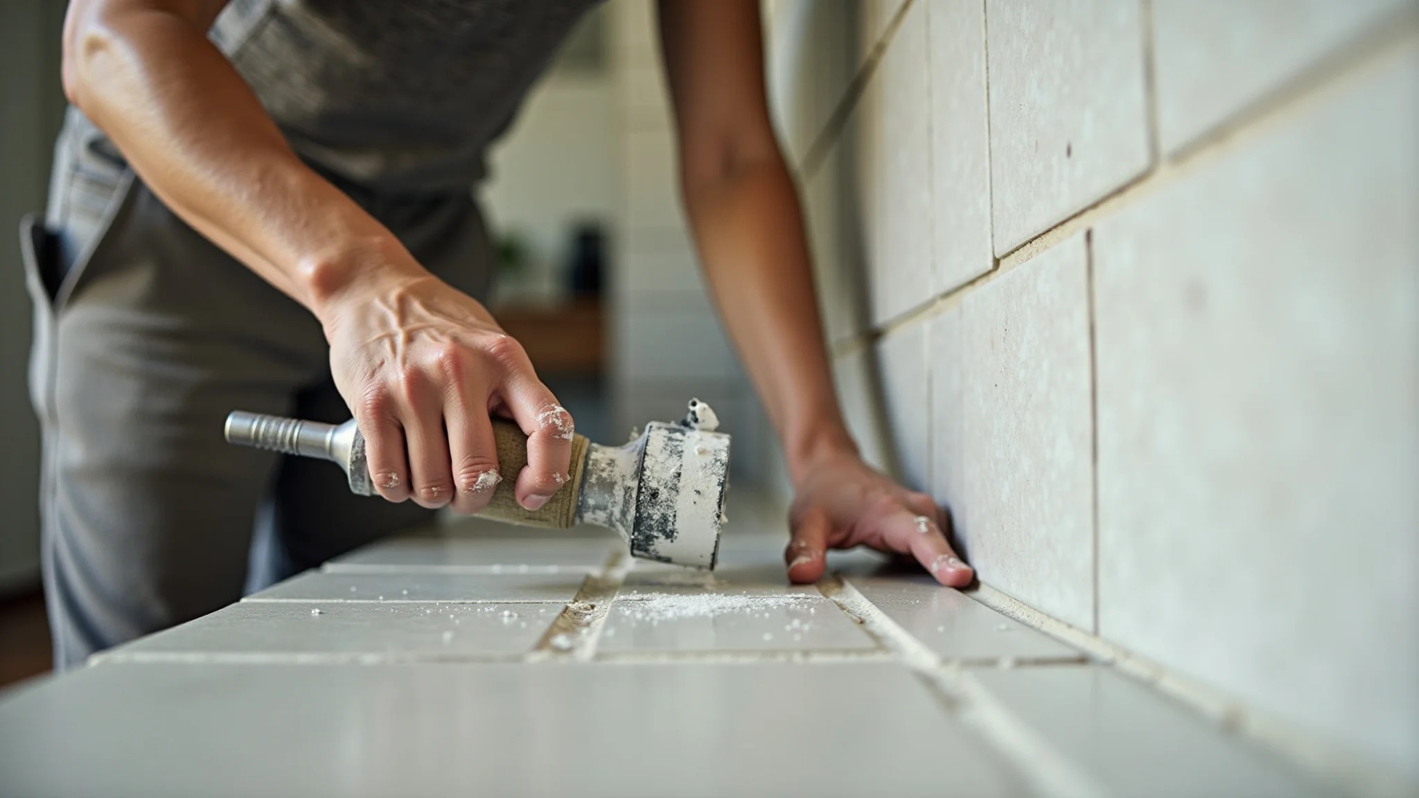 Aplicação de rejunte impermeável em azulejos da cozinha para evitar umidade.