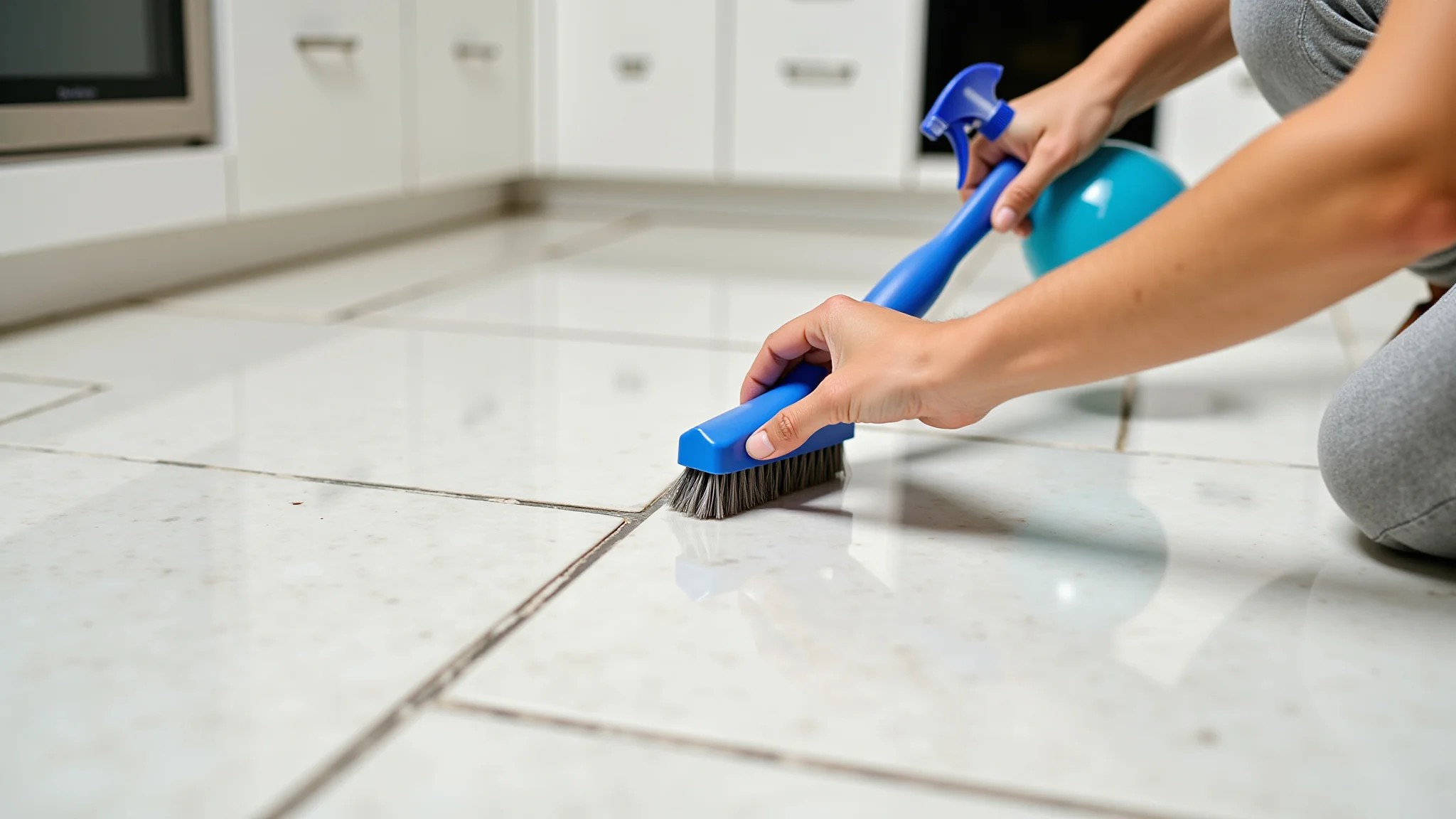 Pessoa limpando rejunte cimentício em porcelanato com escova e produto de limpeza.