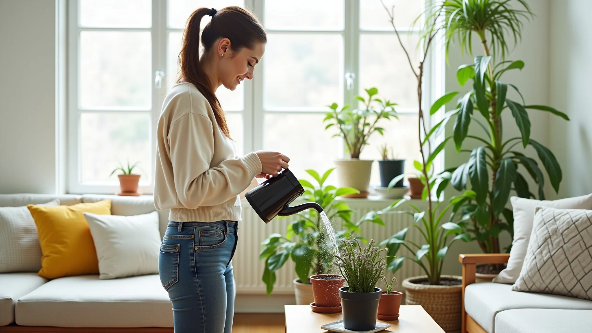 Pessoa regando plantas em sala iluminada, promovendo energia positiva e Feng Shui.