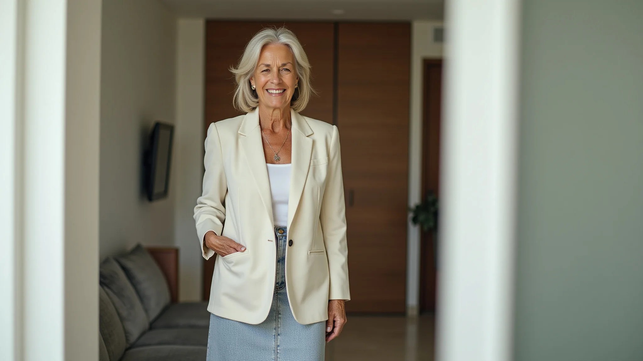 Mulher 50 anos, baixinha, usando saia midi e blazer, mostrando sobreposição de peças.