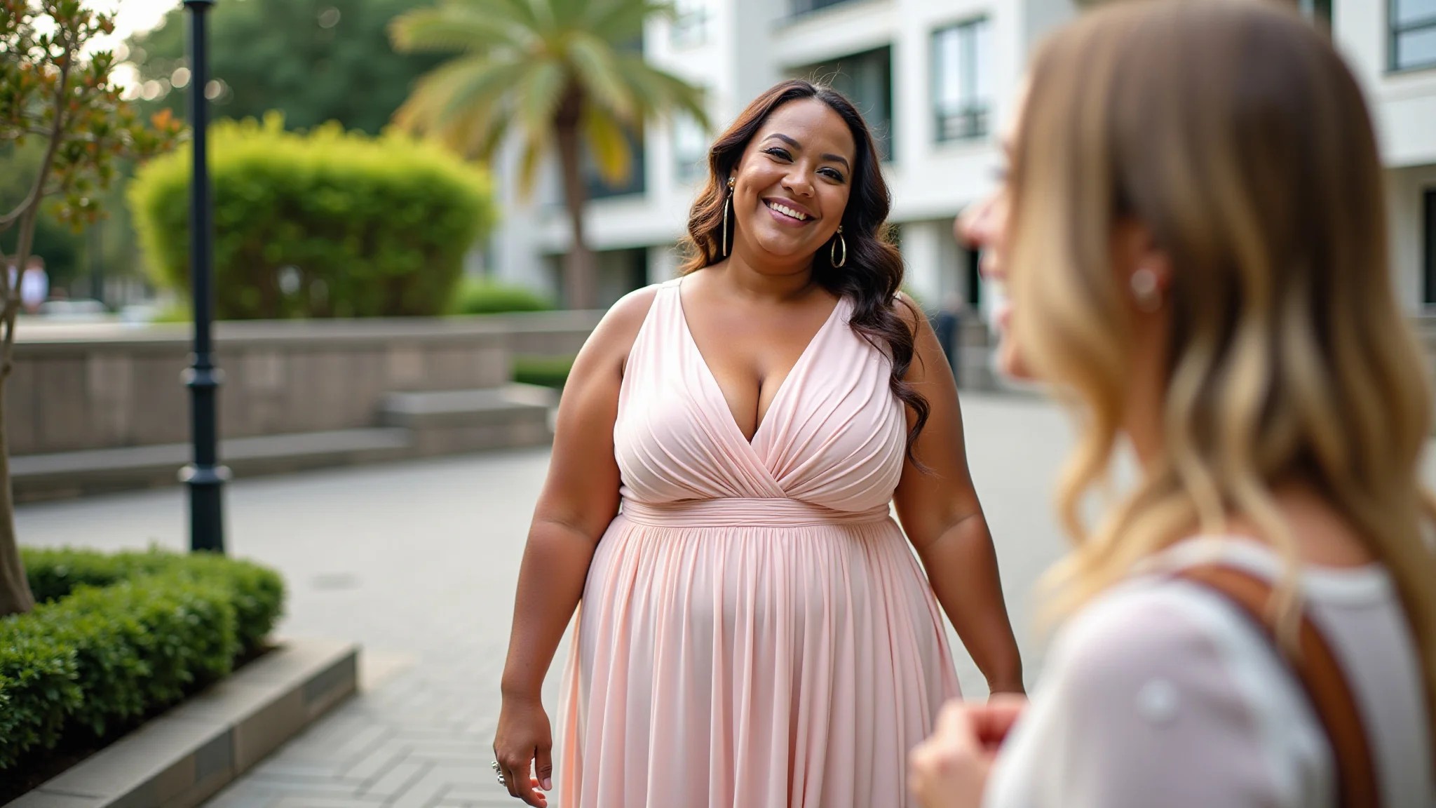 Convidada plus size elegante em vestido midi para casamento diurno.