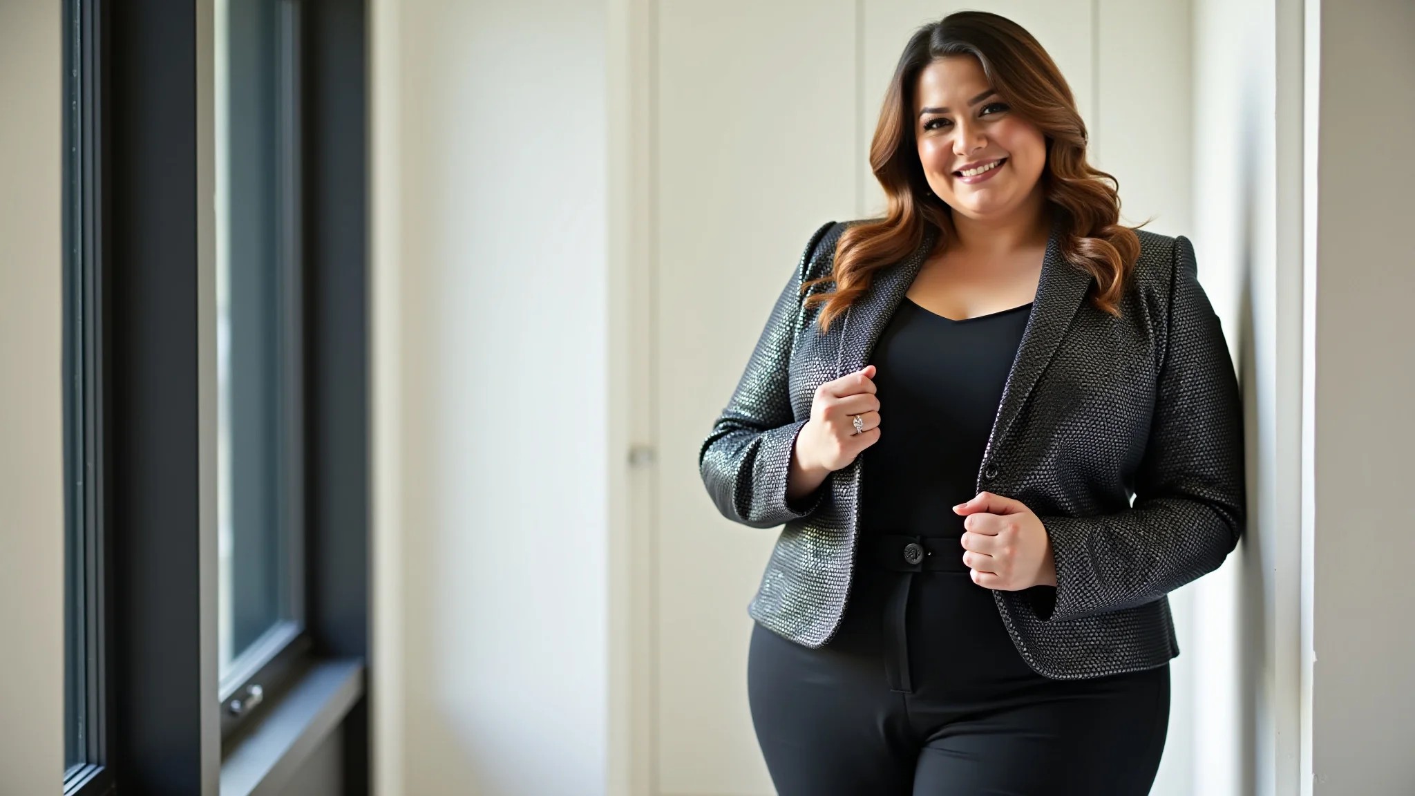 Mulher plus size confiante com jaqueta de paetê sobre um conjunto de alfaiataria.