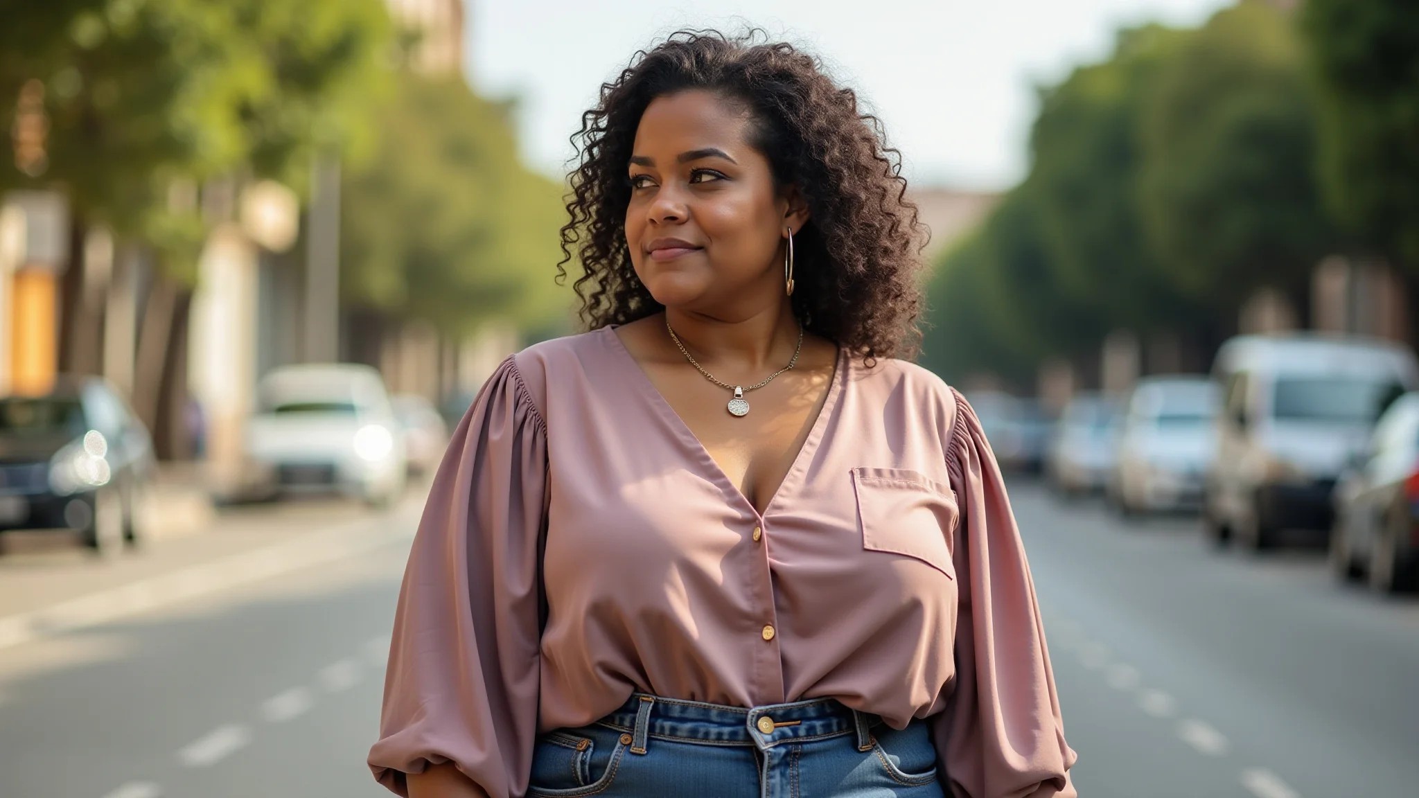 Mulher plus size vestindo blusa de manga morcego em estilo de rua brasileiro.