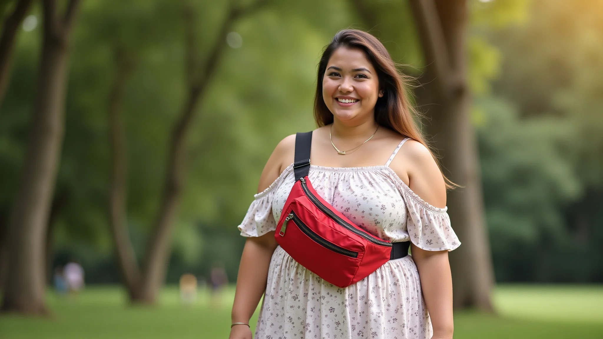 Mulher plus-size confiante usando pochete com vestido de verão.
