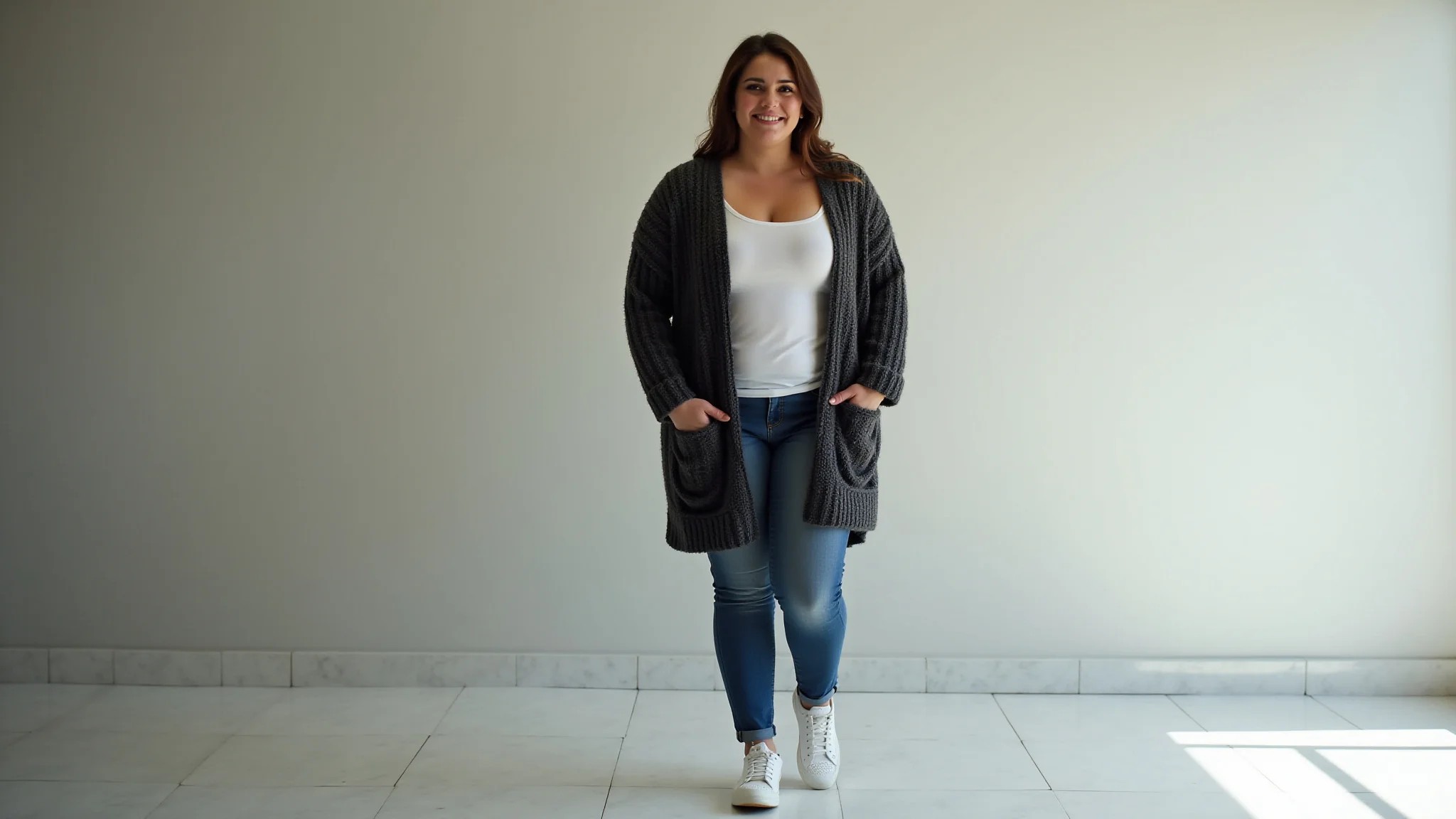 Mulher plus-size brasileira usando cardigã oversized com calça skinny e tênis branco.