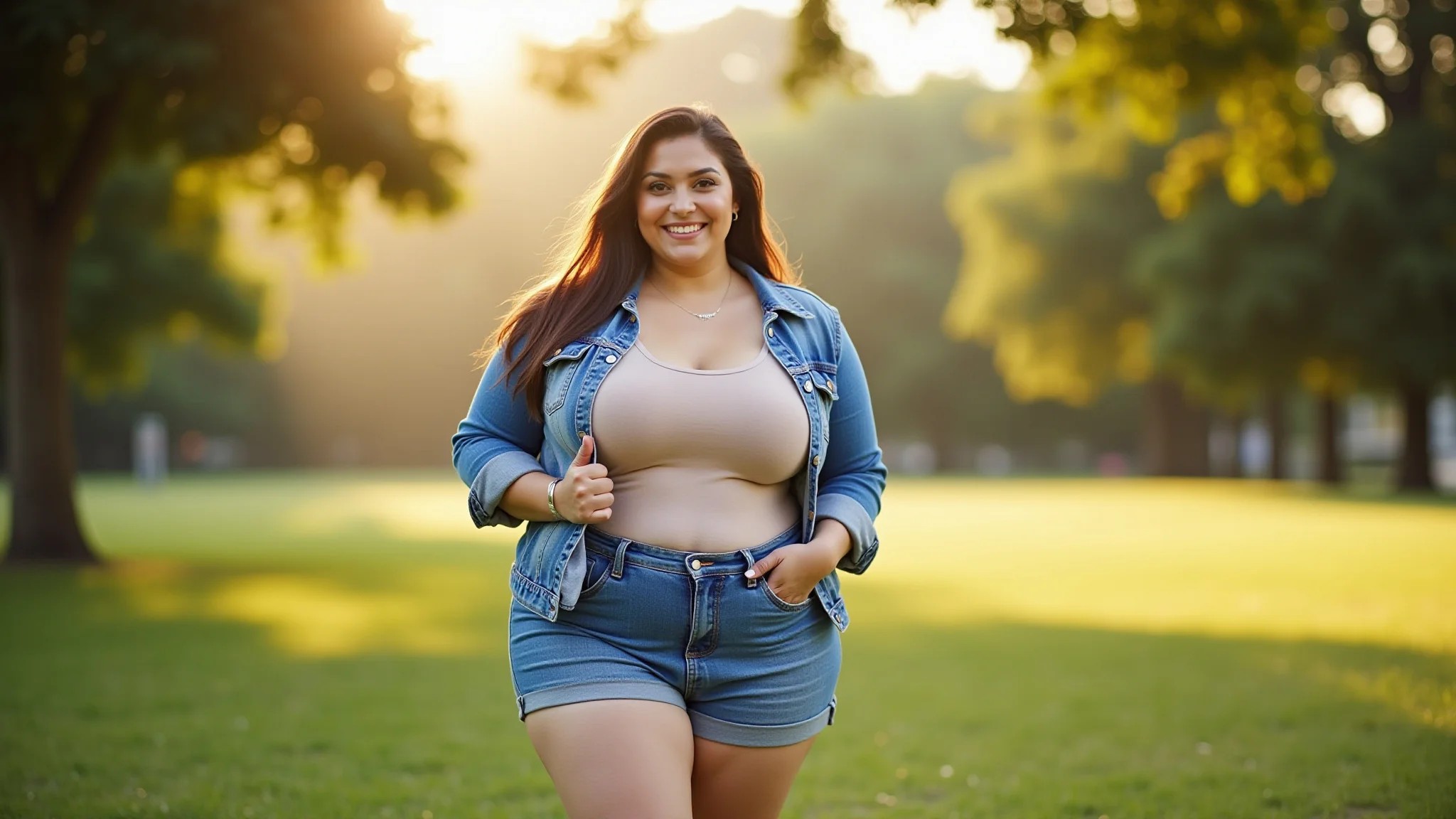 Mulher plus-size brasileira usando body com shorts e jaqueta jeans em parque ensolarado.