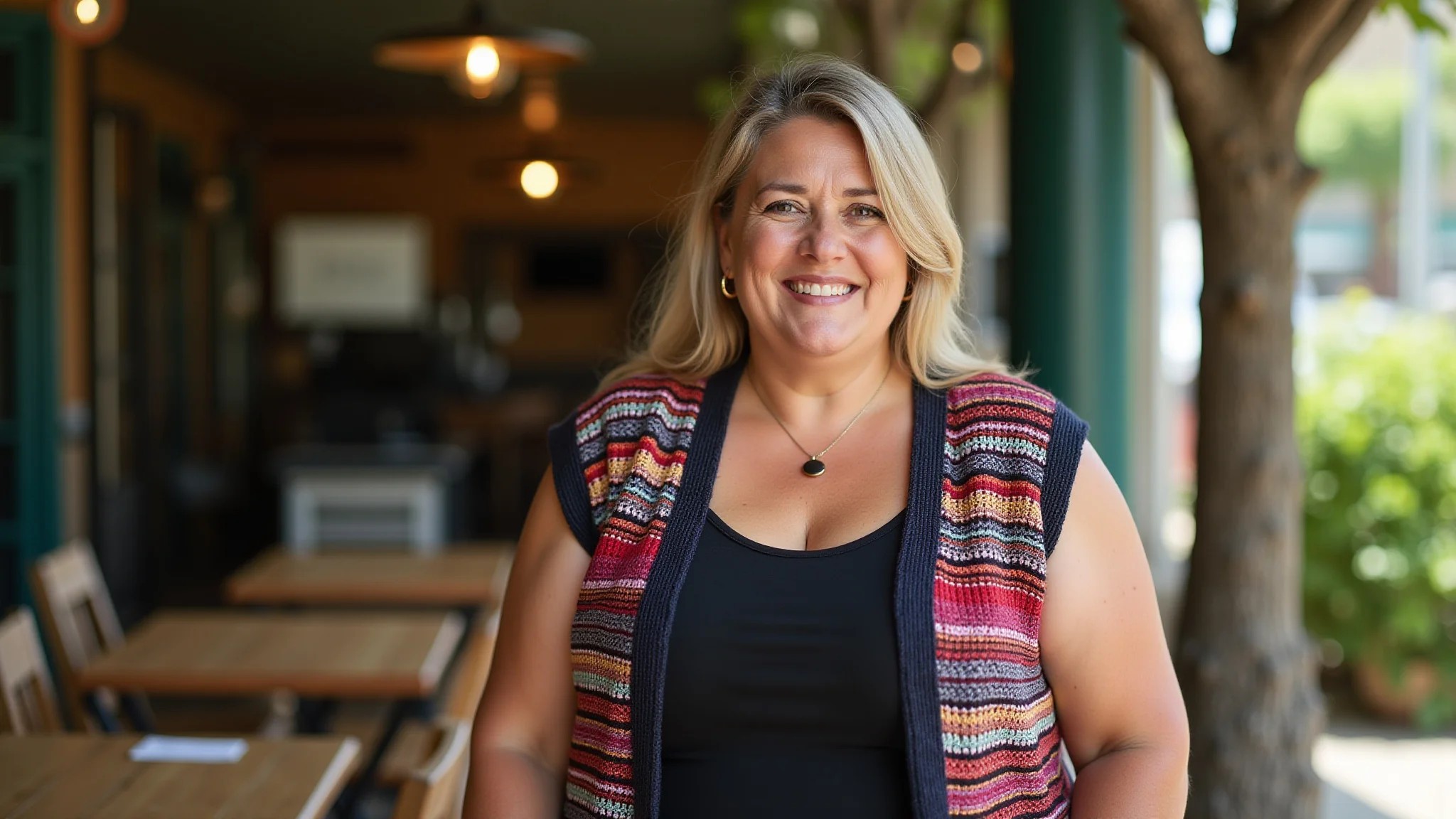 Mulher plus size usando colete de tricot colorido sobre vestido preto em café ao ar livre.