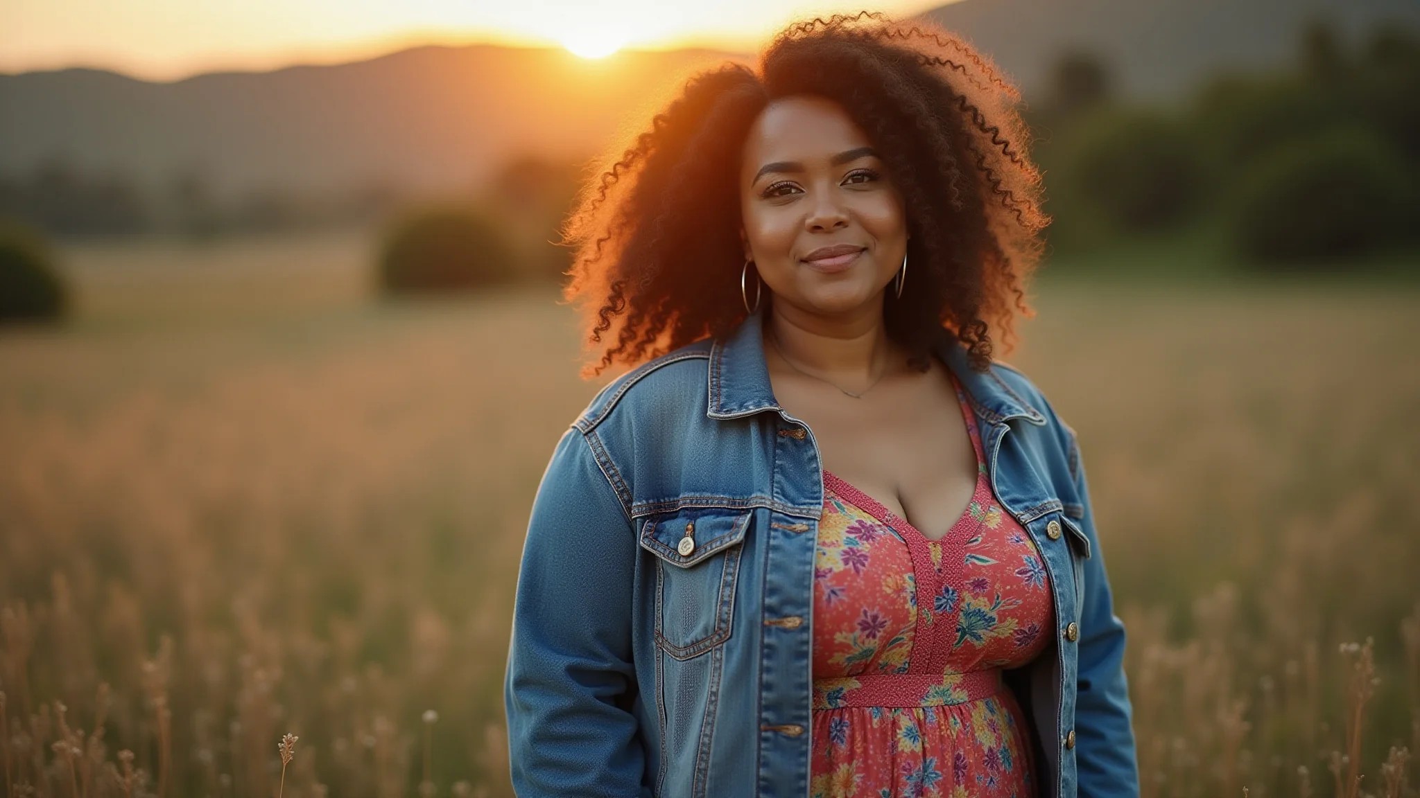 Mulher plus-size no Brasil usando jaqueta jeans oversized com vestido colorido.
