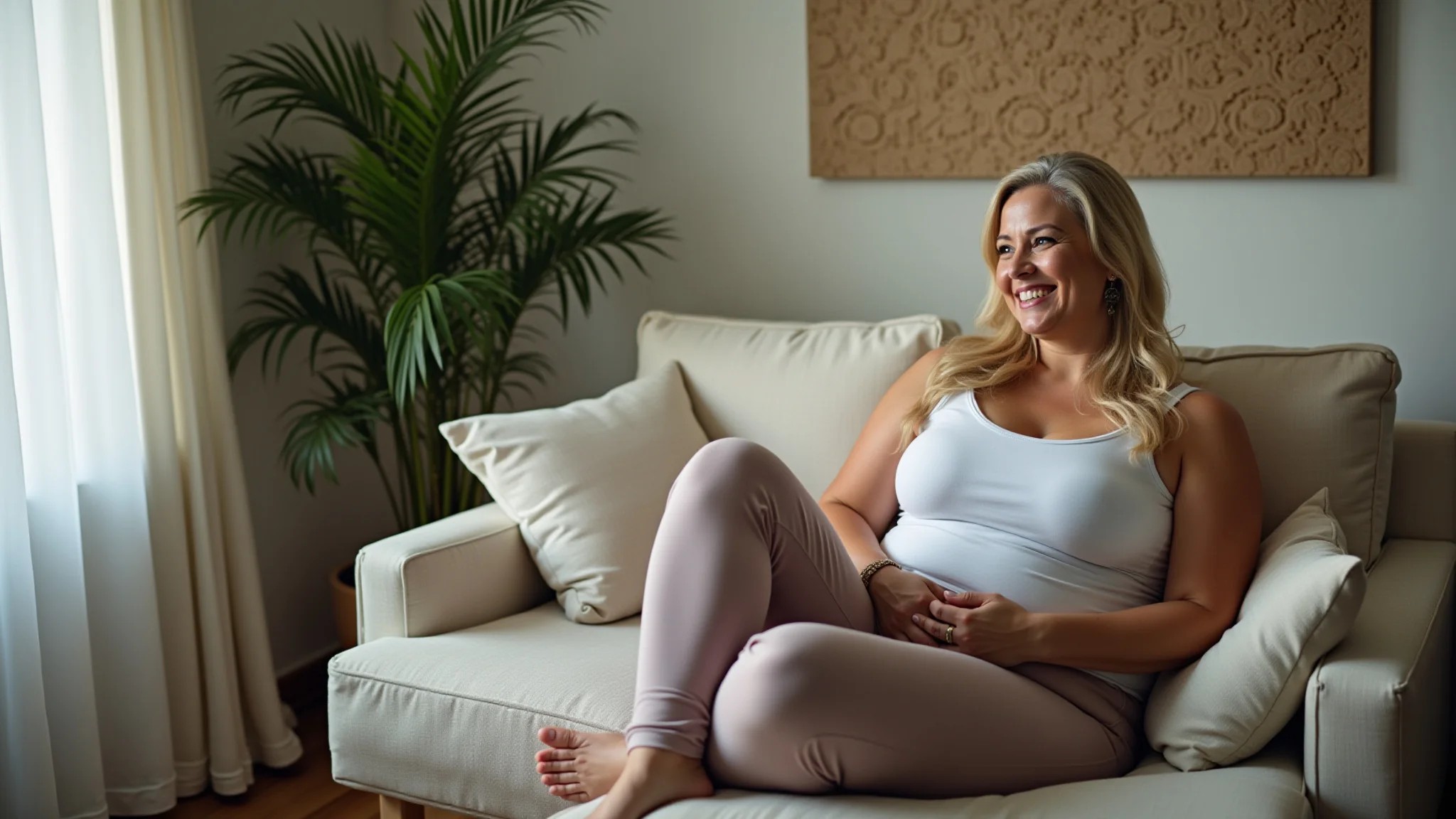 Mulher plus size relaxando em casa com legging confortável e decoração brasileira.