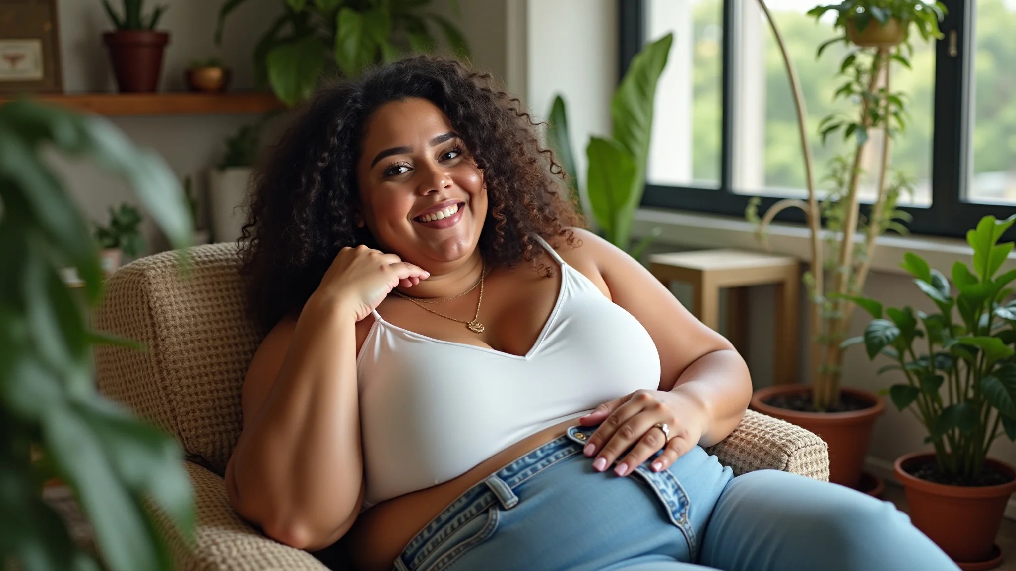 Mulher plus size relaxando em casa com roupas confortáveis da Chica Bolacha.