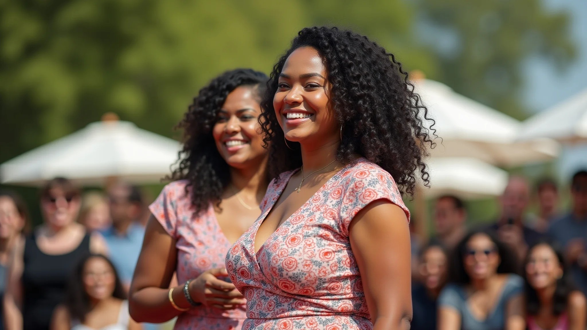 Mulher plus size confiante em show de pagode com vestido estiloso.