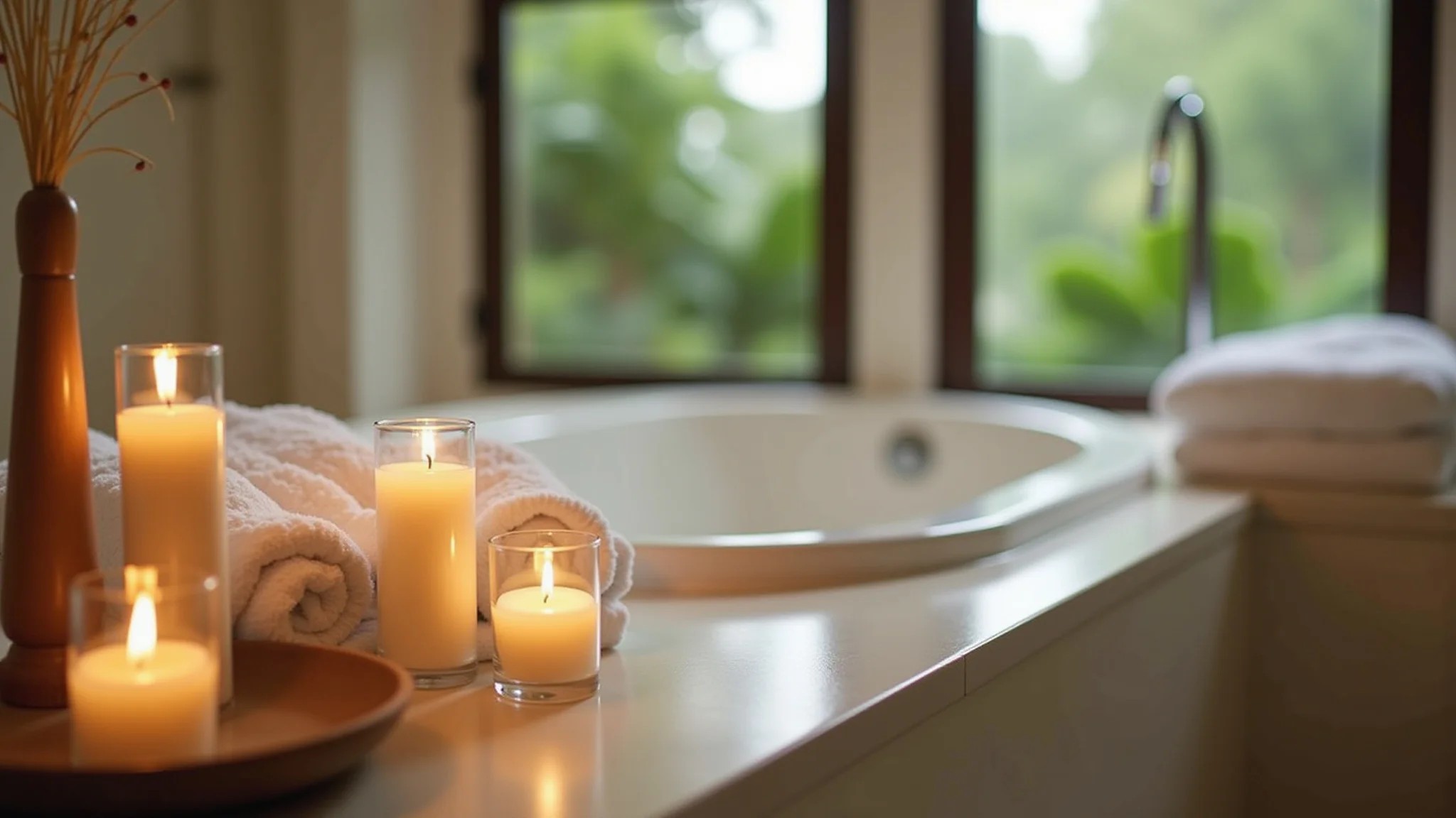 Banheiro relaxante com velas, toalhas macias e banheira.