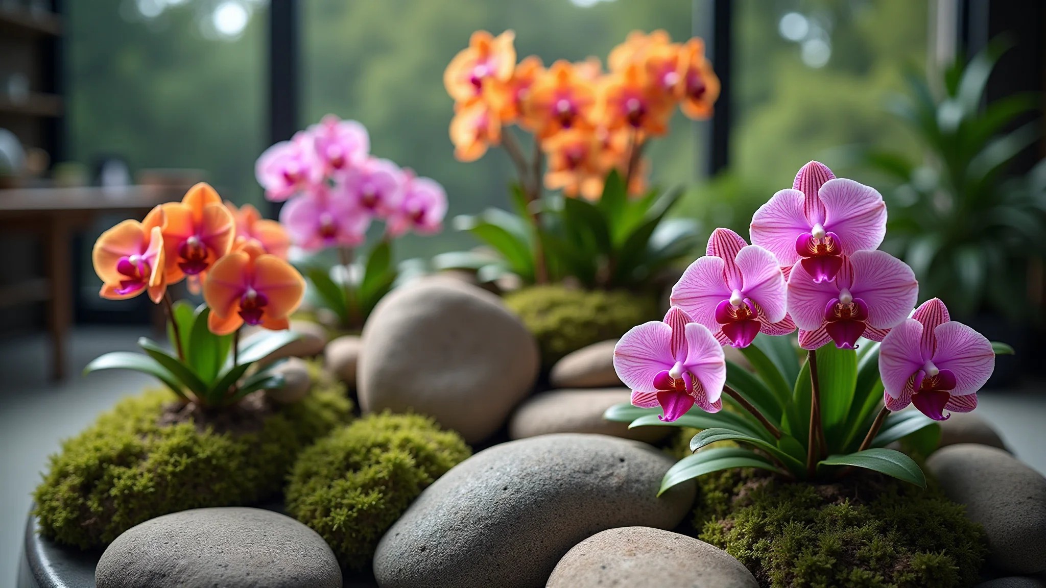 Jardim de pedras com orquídeas coloridas em vasos e pedras porosas.