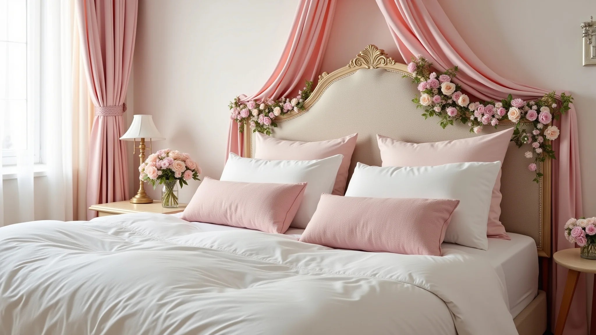 Quarto romântico com cabeceira de tecido delicado, cores suaves e detalhes florais.
