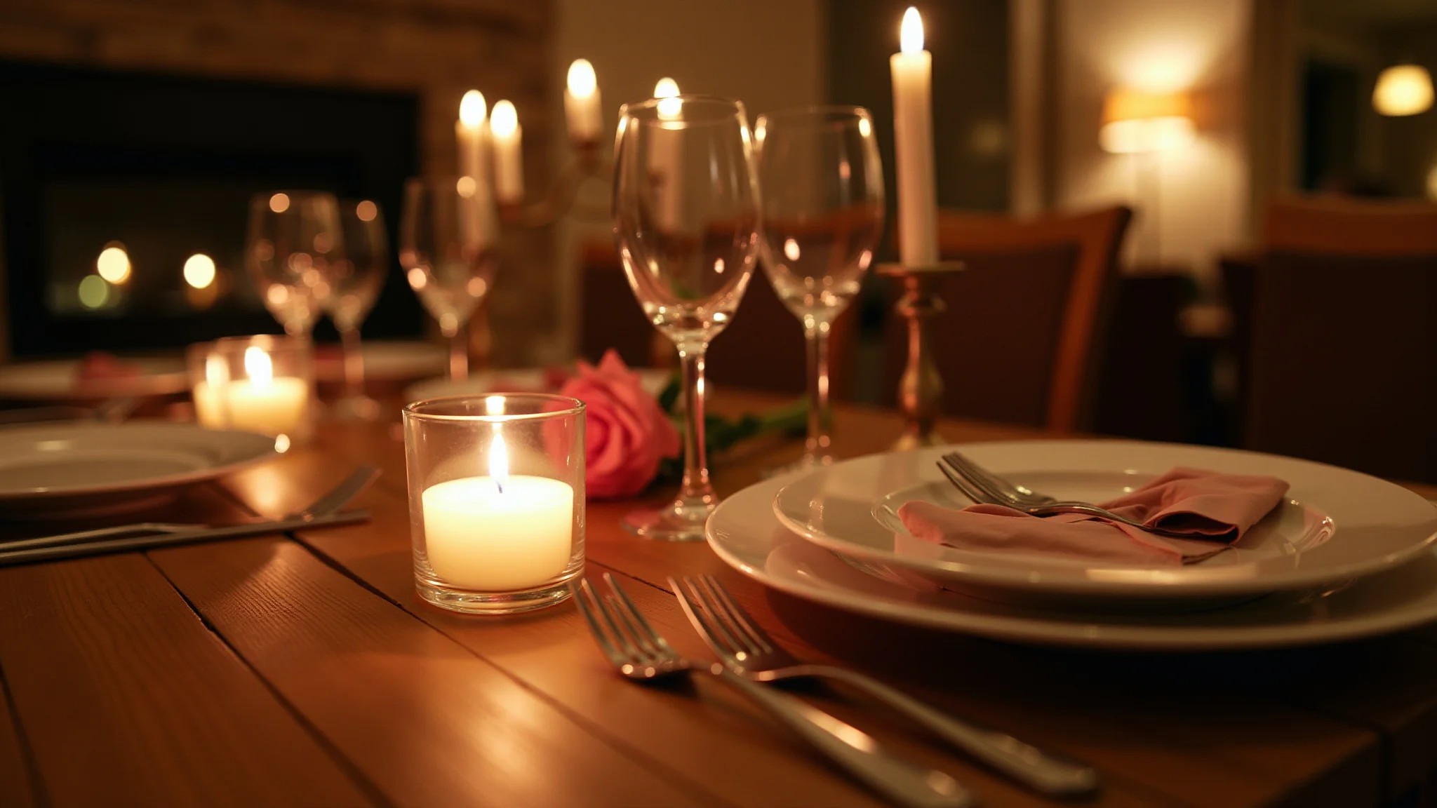 Jantar romântico à luz de velas em uma sala de jantar, criando uma atmosfera acolhedora.