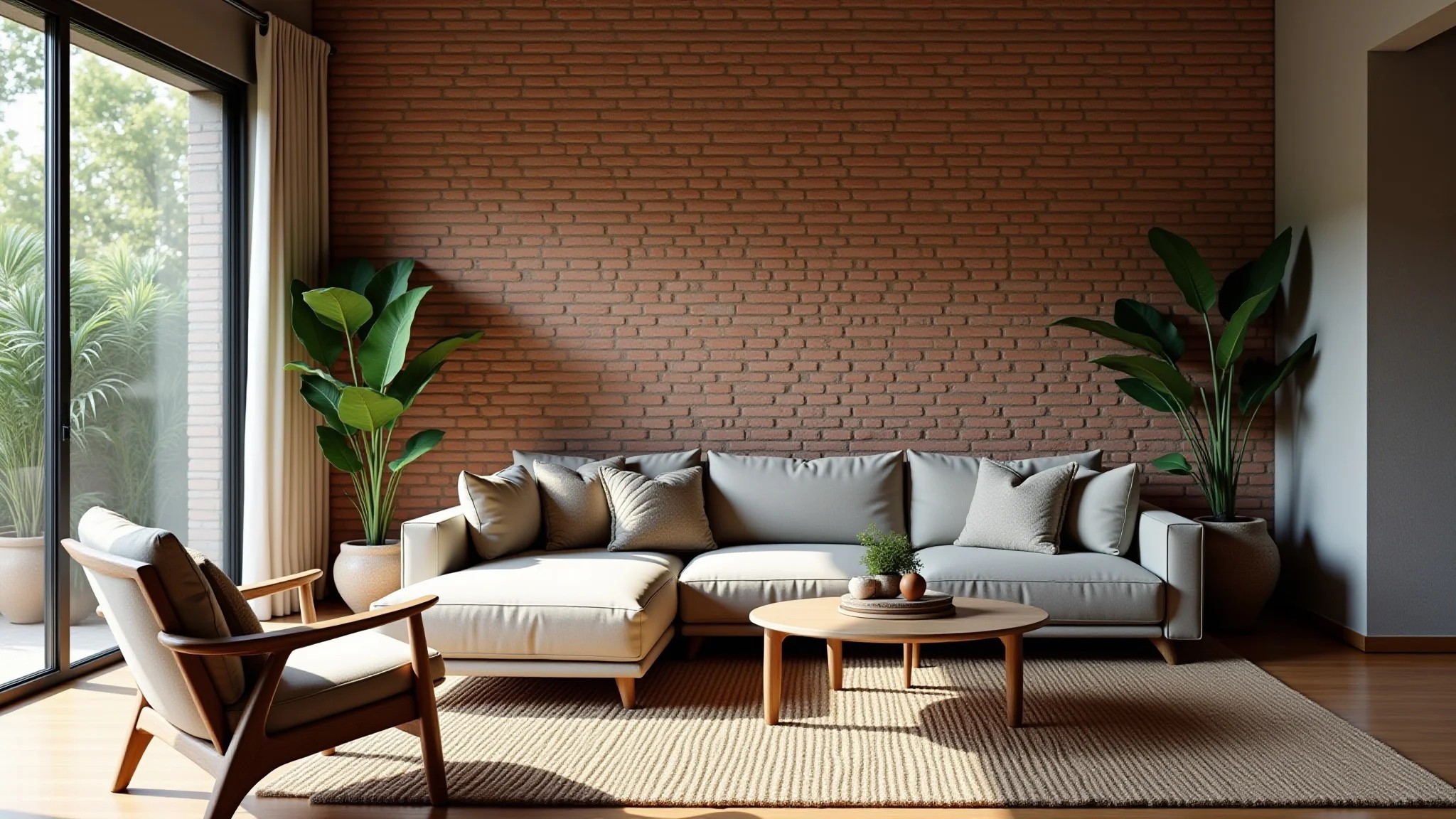 Sala rústica com parede de tijolo aparente tratada, design brasileiro e iluminação natural.