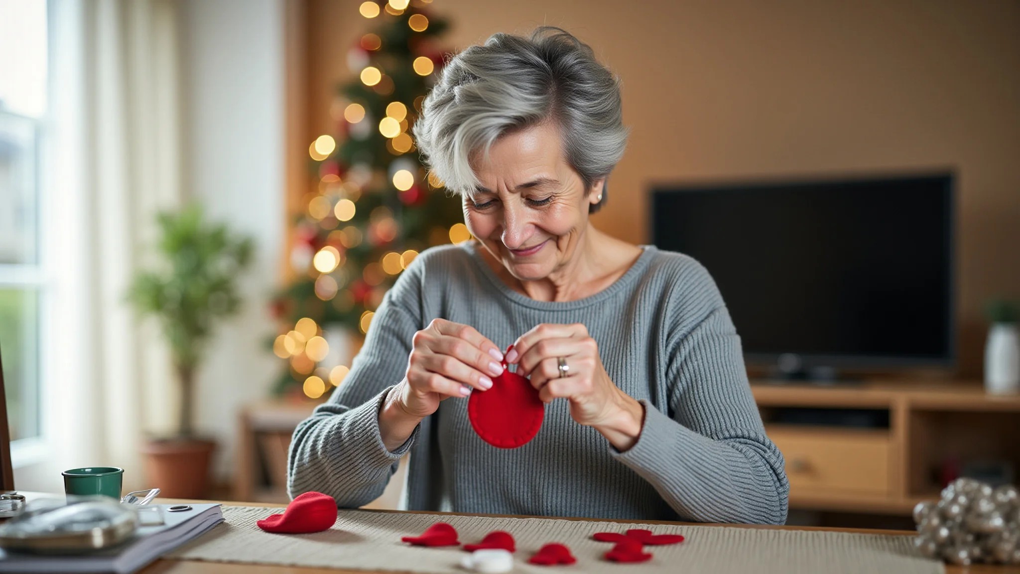 Senhora costurando um enfeite de Natal de feltro.