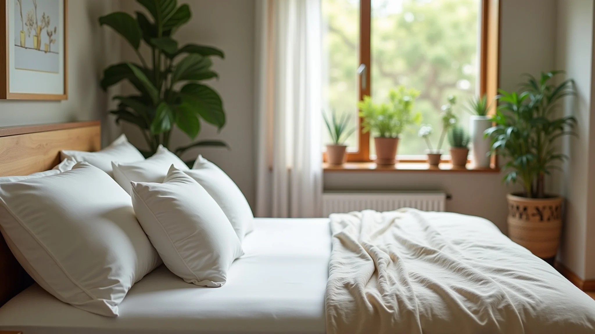 Quarto sereno com lençóis de algodão egípcio, decoração brasileira e iluminação natural.