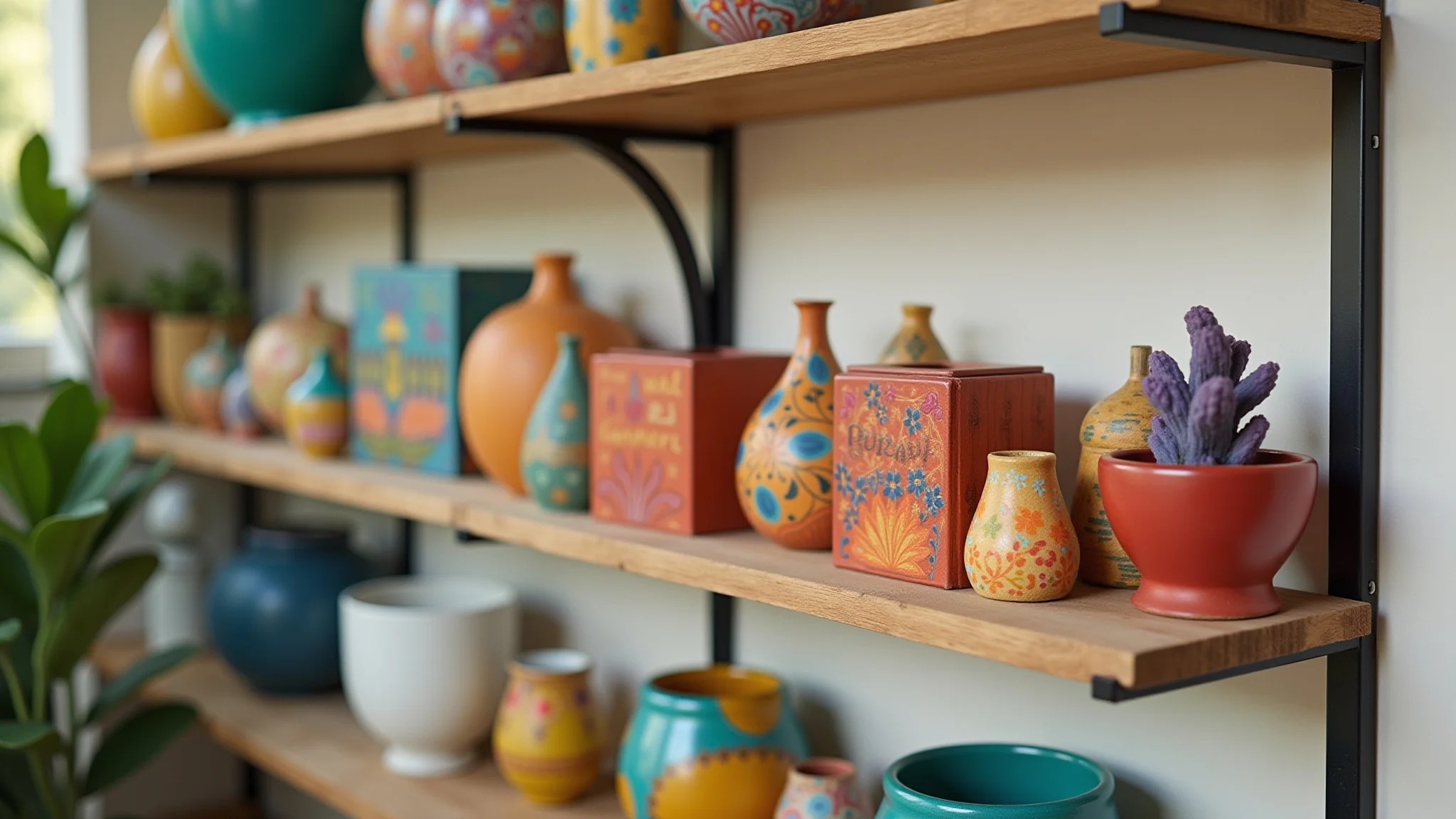 Prateleira com artesanato em MDF pintado, decoração brasileira colorida.