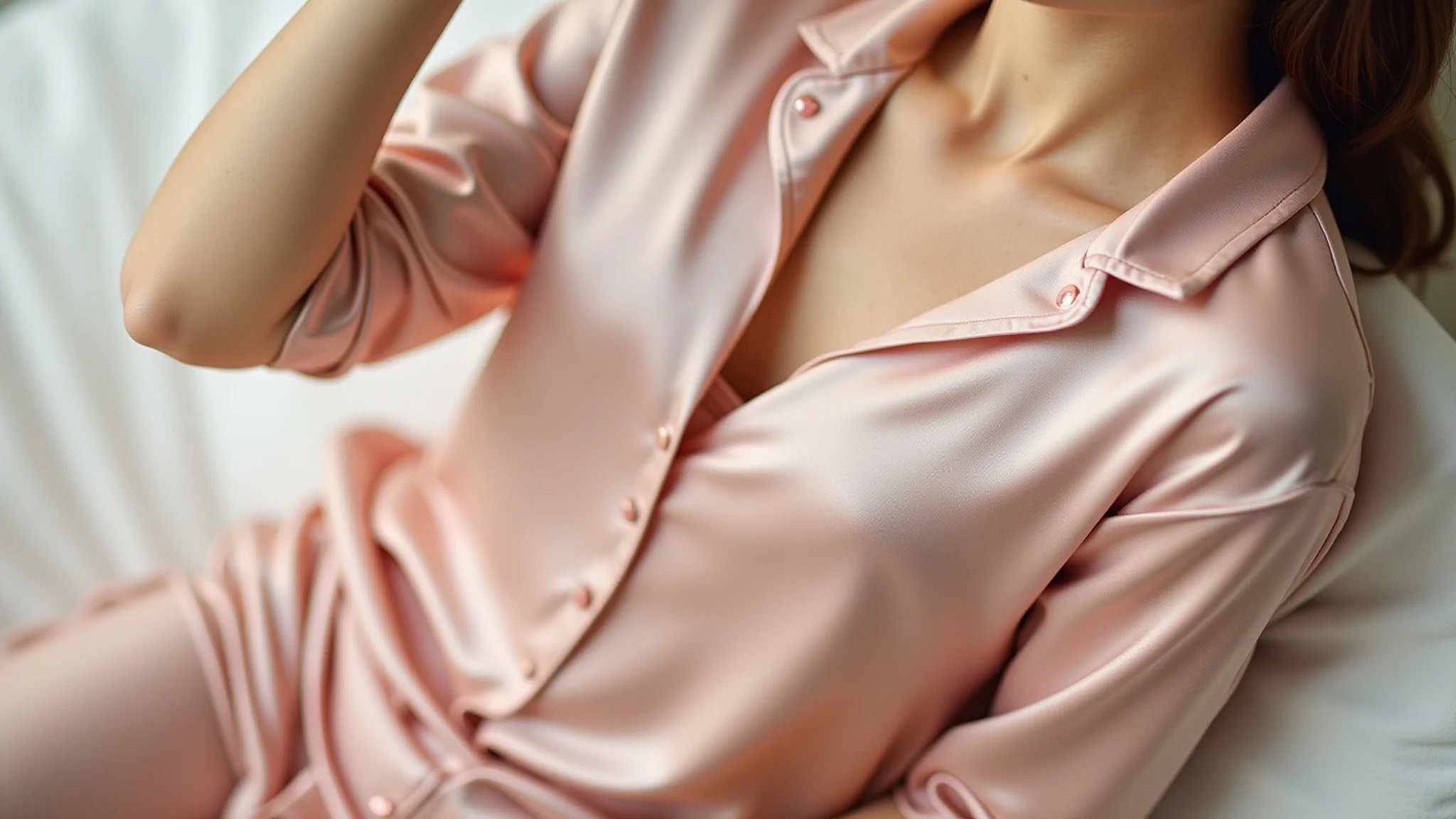 Detalhe da textura e qualidade de um pijama de seda Mulberry.