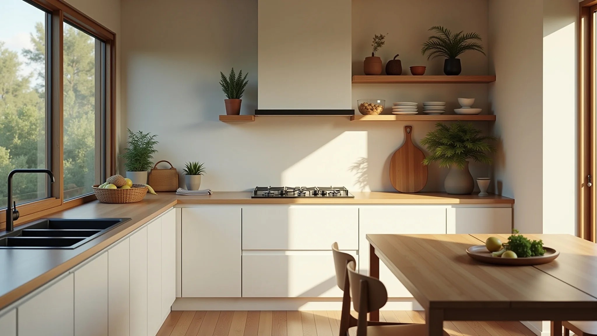 Cozinha americana simples com cores claras e texturas naturais.