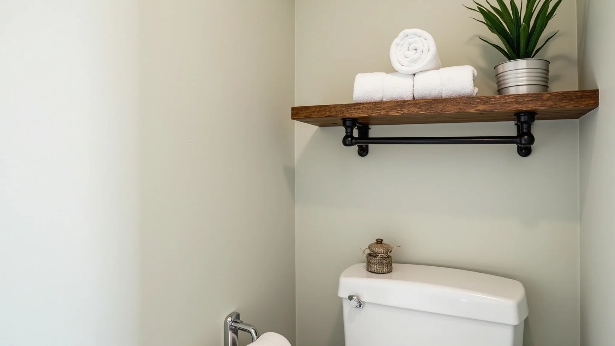 Lavabo simples com prateleira de madeira rústica, toalhas enroladas e planta pequena.