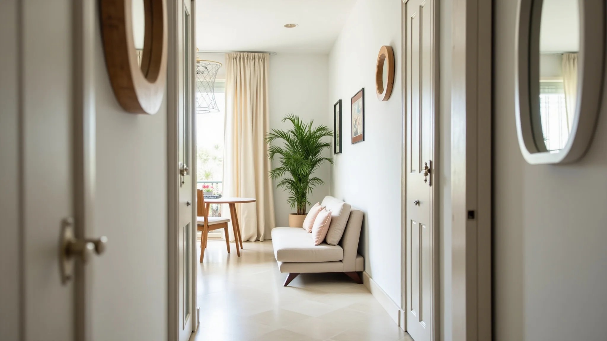Corredor de apartamento pequeno com espelhos estrategicamente posicionados.