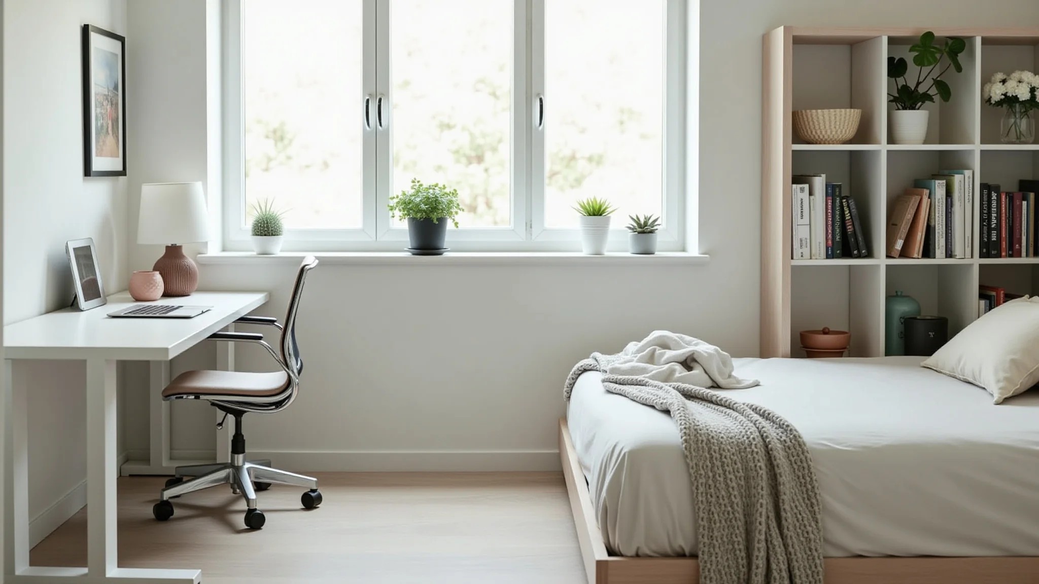 Quarto escritório pequeno, estilo minimalista, mesa branca, cadeira ergonômica e luz natural.