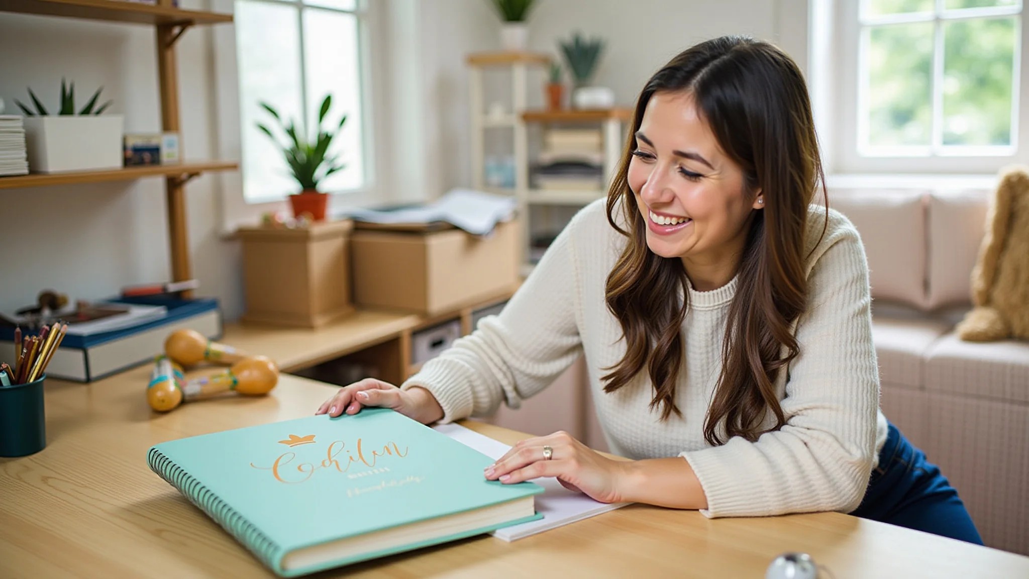 Empreendedora embalando cadernos personalizados para envio, cercada de materiais de artesanato.