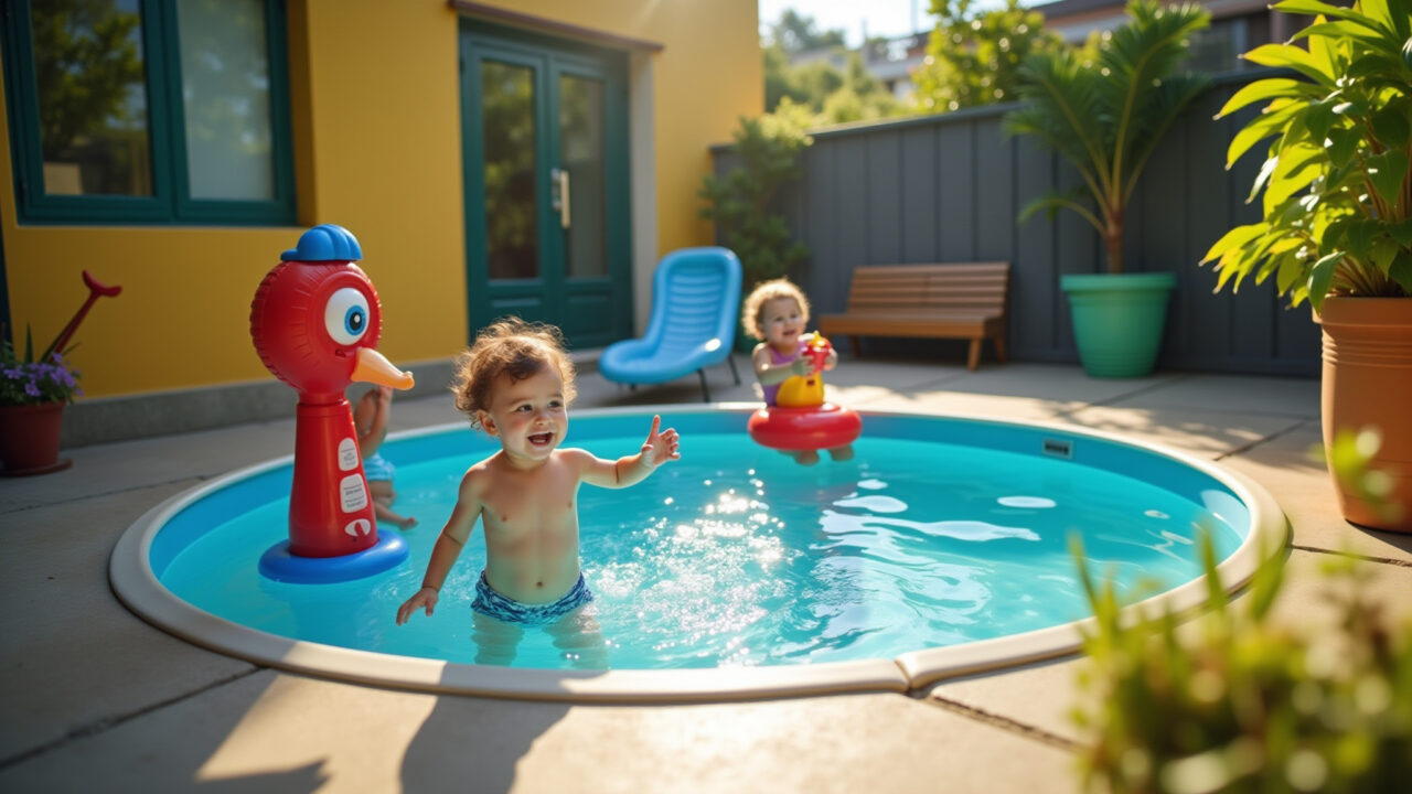 Piscina infantil com brinquedos coloridos em um quintal seguro.