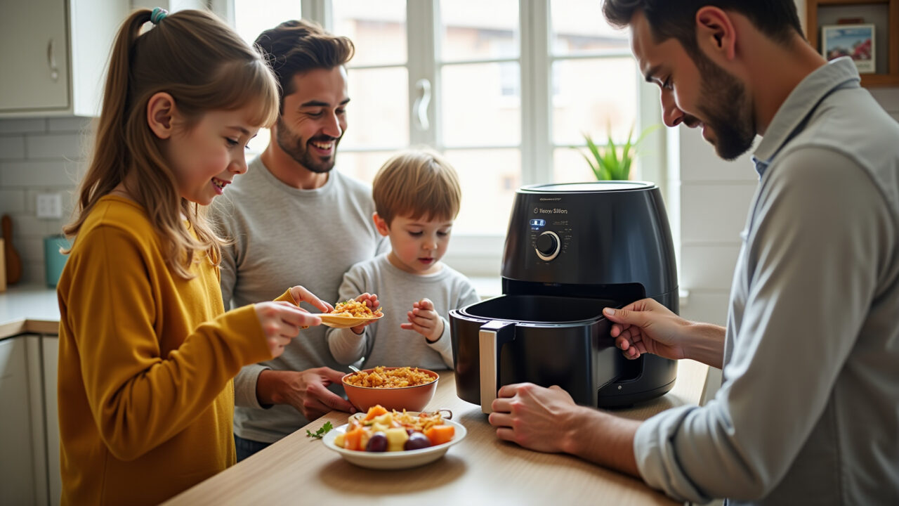 Pequena família usando air fryer compacta.