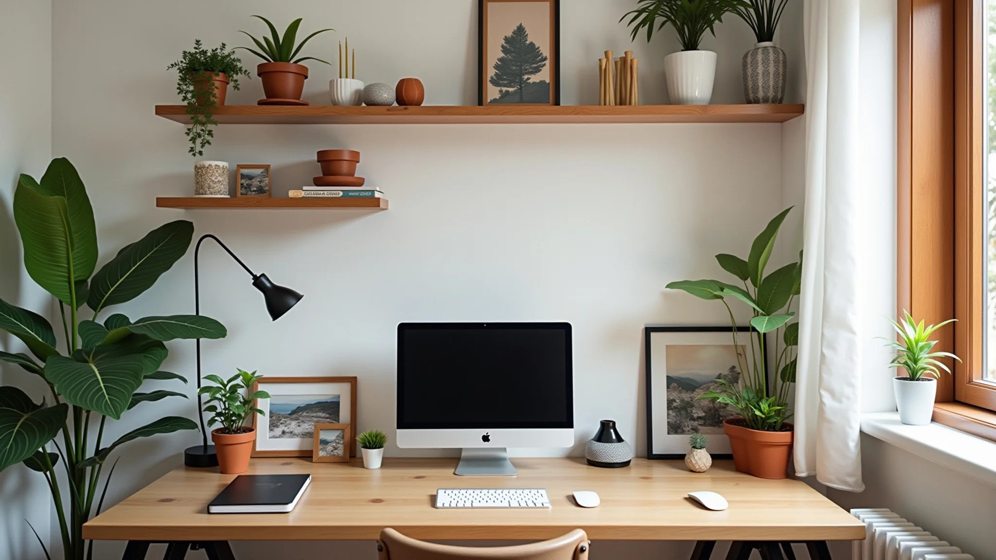 Home office pequeno organizado e decorado com objetos inspiradores e prateleiras.