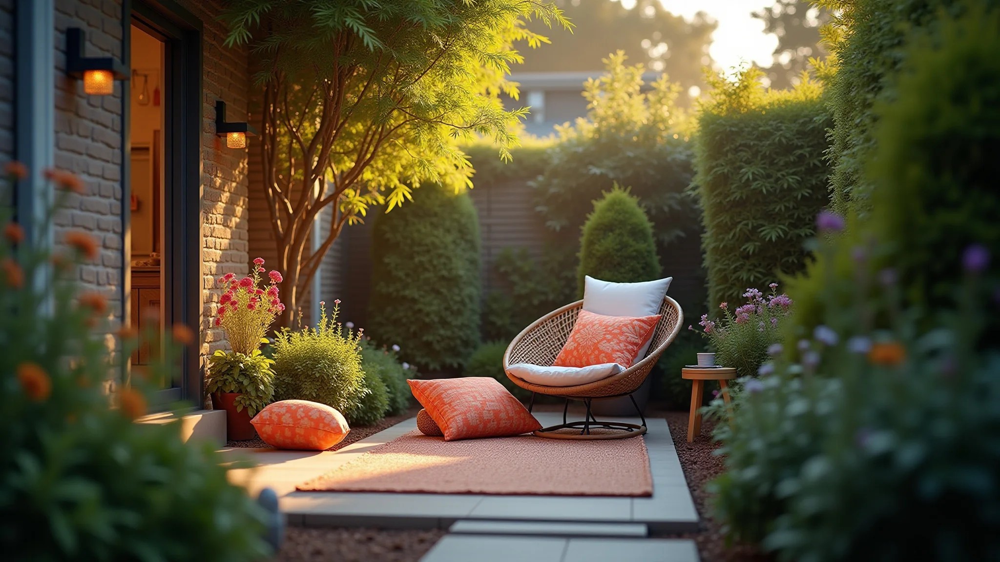 Pequeno jardim iluminado com canto de relaxamento e almofadas coloridas.
