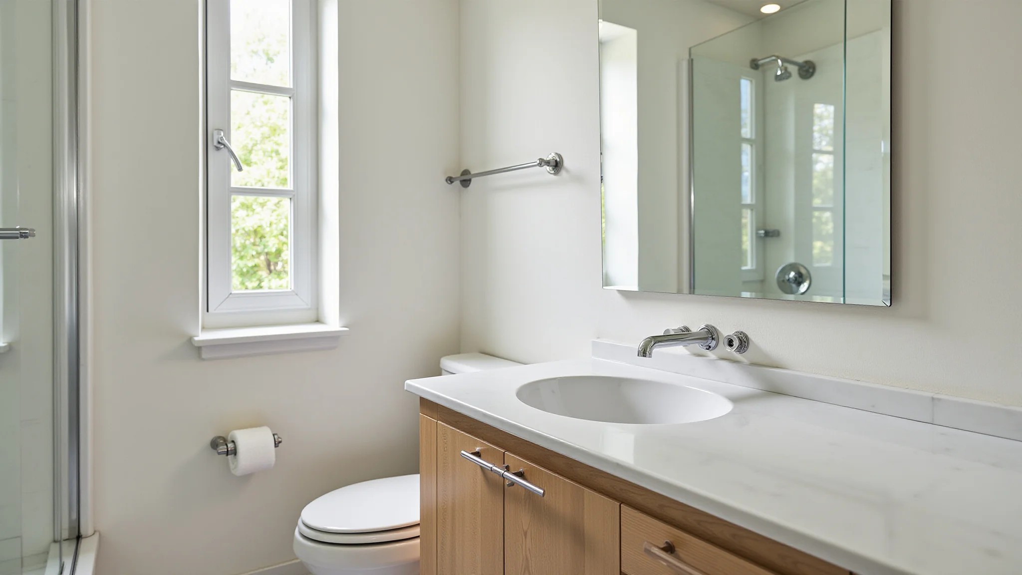 Banheiro pequeno e moderno com design clean e acessórios atualizados.