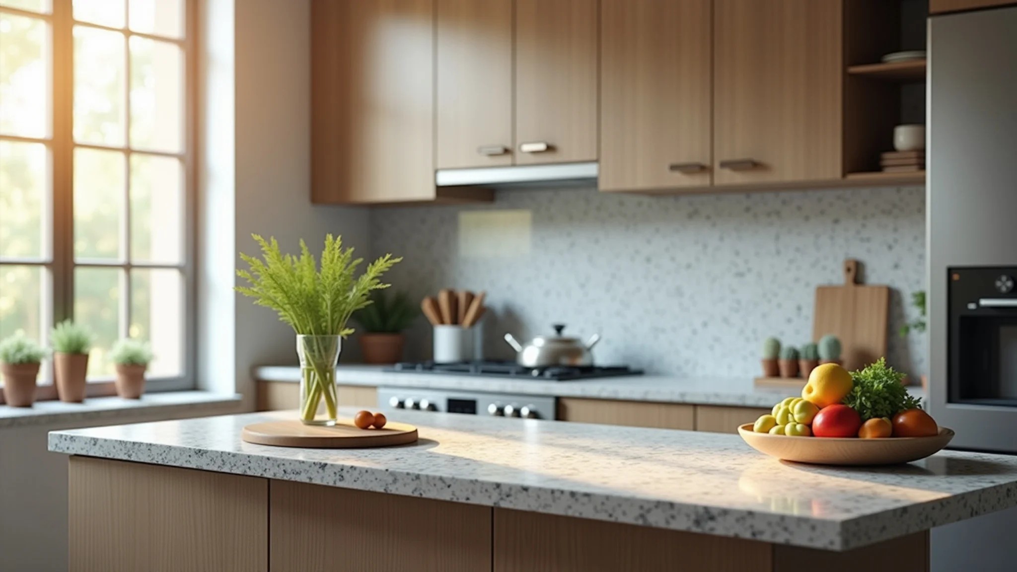 Bancada inteligente em cozinha americana pequena, com material resistente e altura confortável.