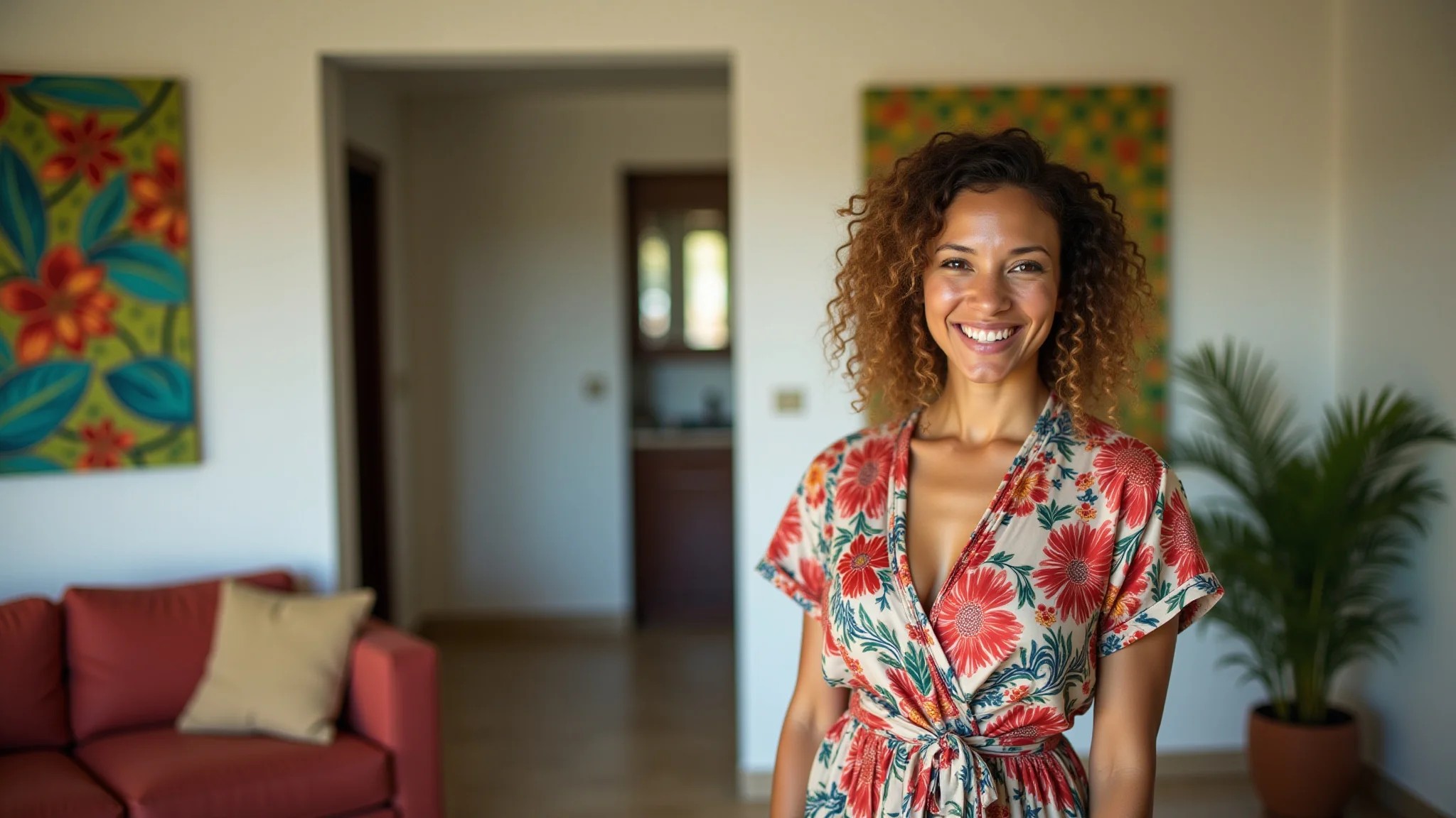 Mulher brasileira sorrindo, vestindo um vestido envelope floral vibrante em sala ensolarada.