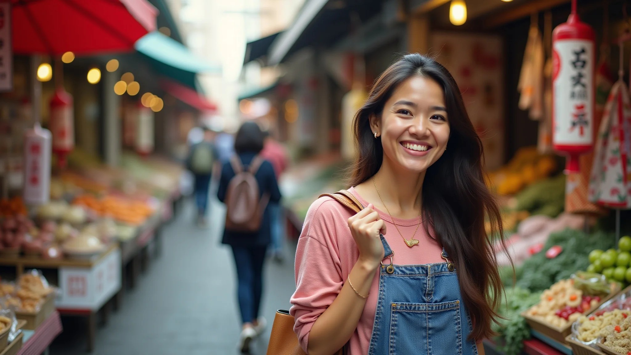 Brasileira sorrindo enquanto explora mercado colorido em Tóquio, cercada por produtos japoneses.