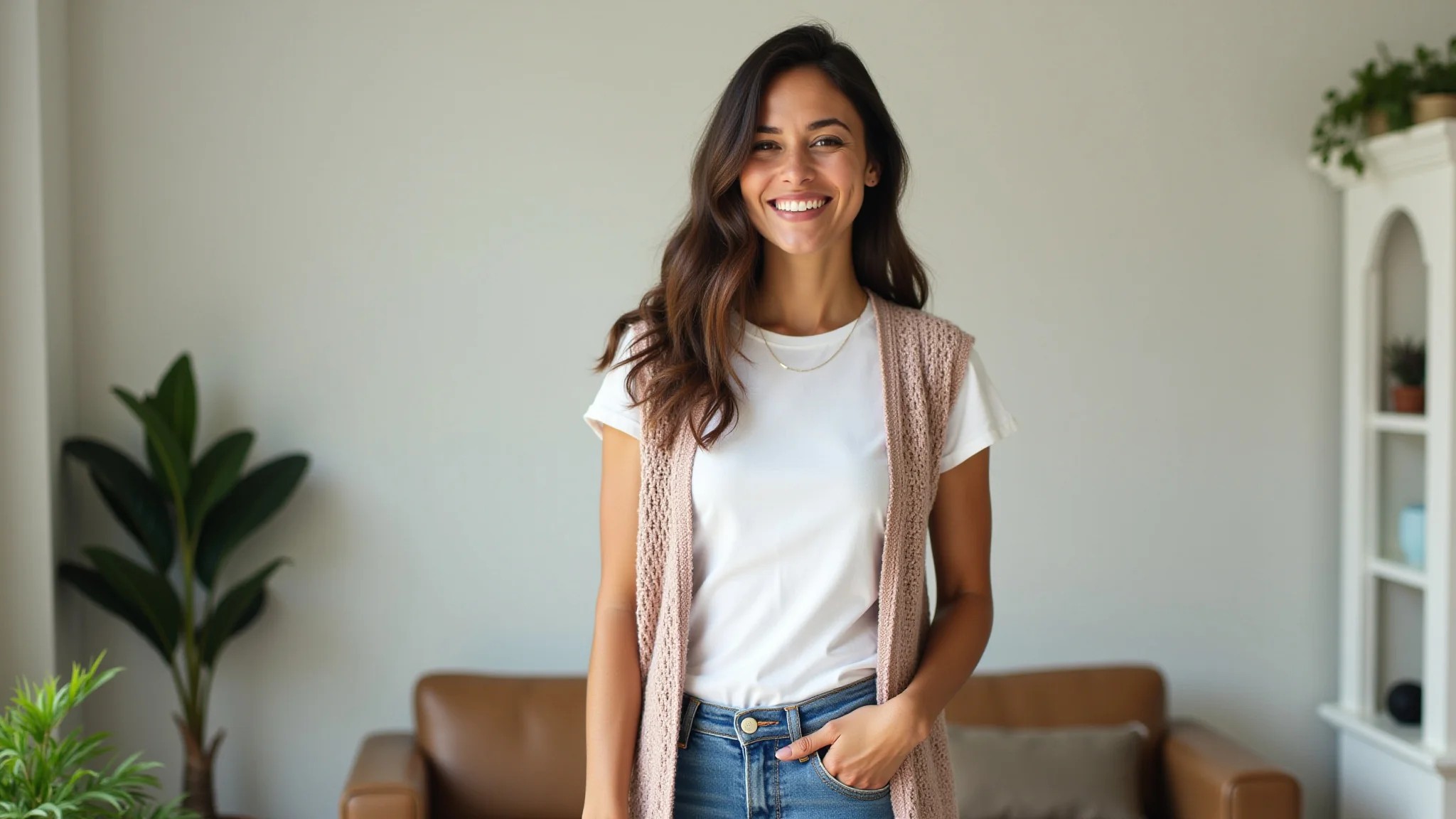 Mulher brasileira sorrindo, usando colete de tricot estiloso com camiseta branca e jeans.